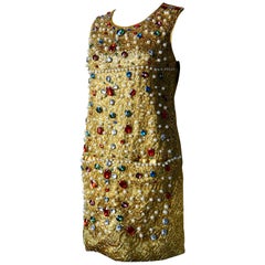 Couture Evening Dress Gold Woven Cord with Multicolored Large Jewels and Pearls