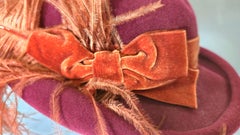 Couture Feathered "Musketeers" VelvetRibbonBow CurledBrim WoolFelt Hat, 1970s