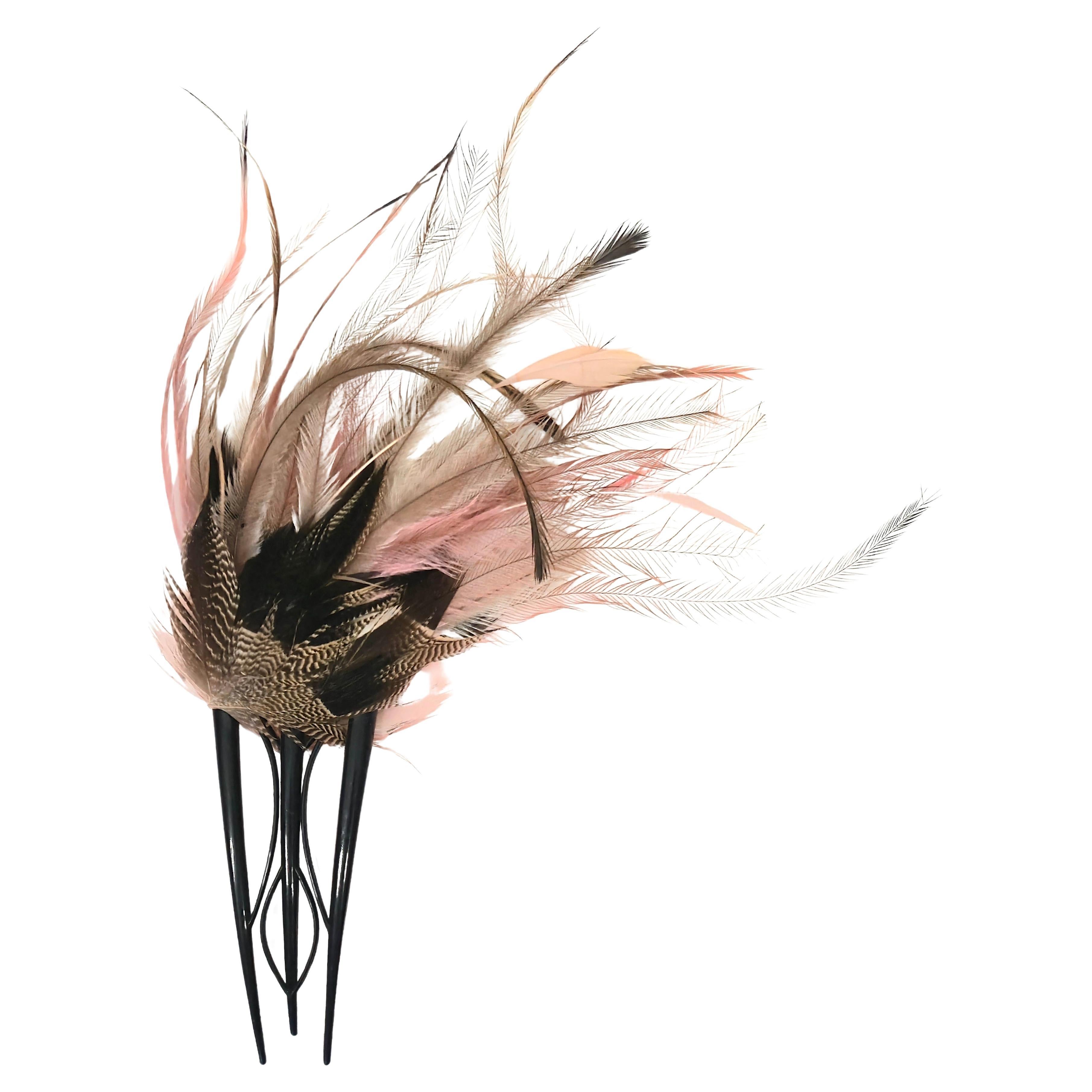 Couture French Mixed Feather Headpiece Decorative Tall Comb 2004