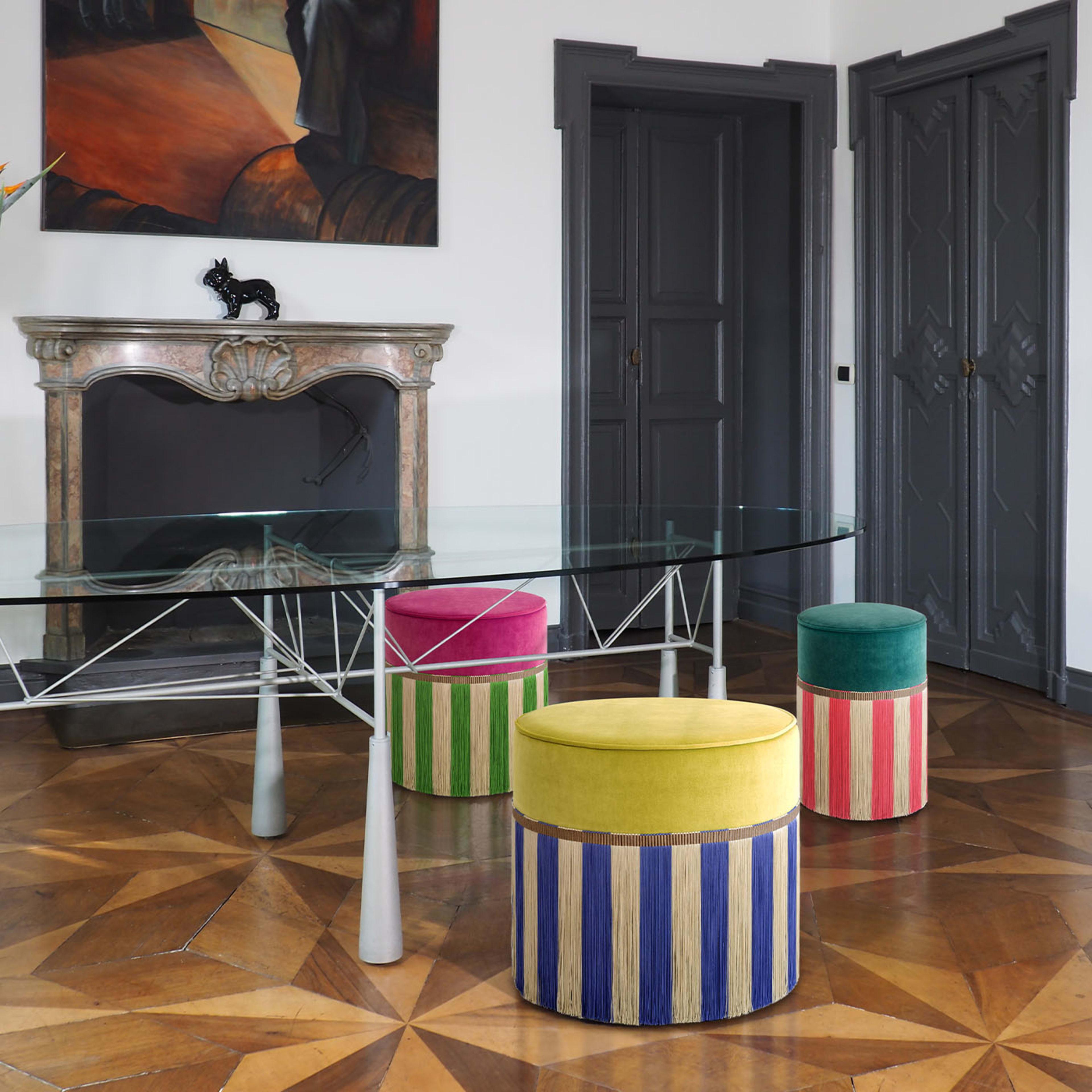 Contemporary Couture Geometric Riga Medium Pink & Green Ottoman For Sale