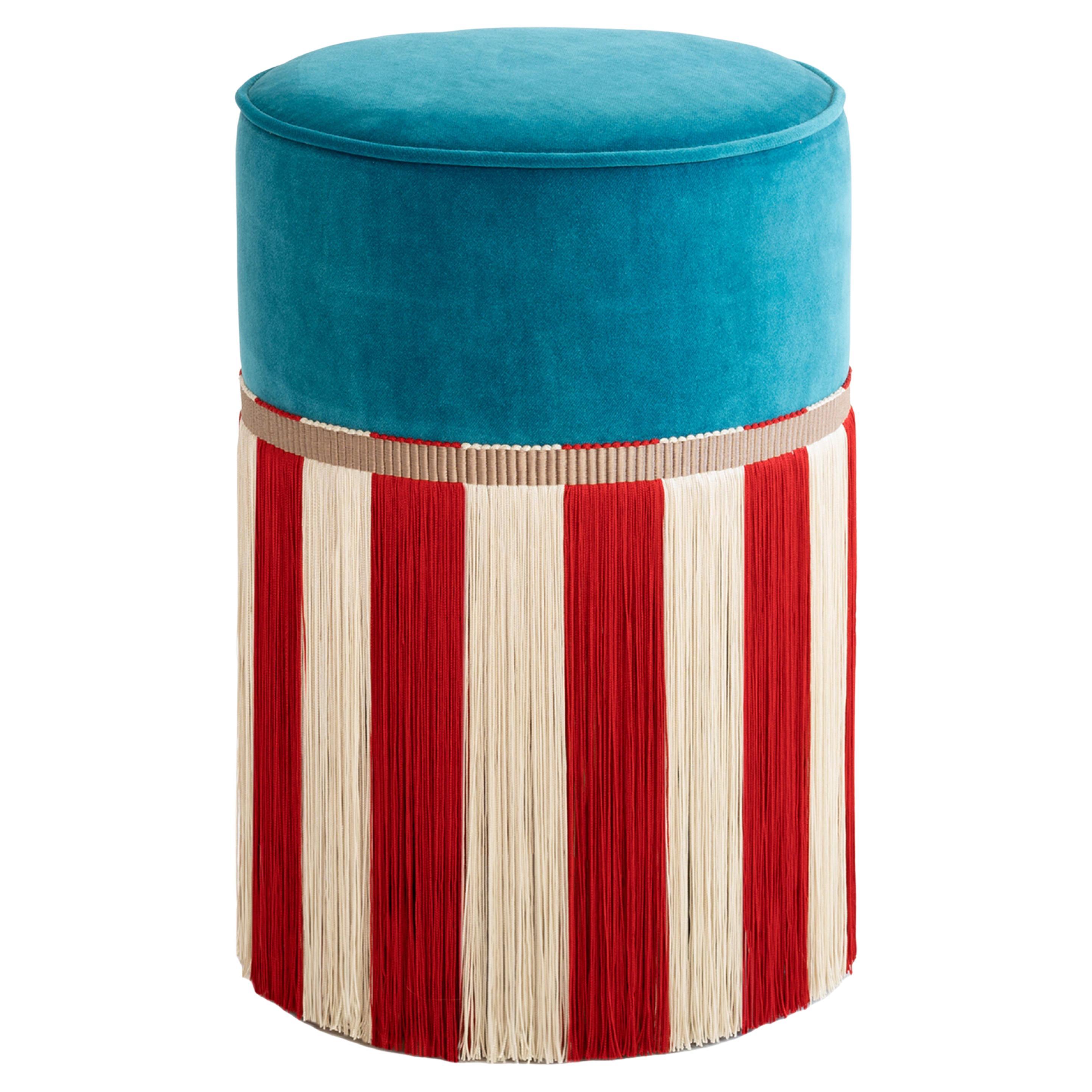 Couture Geometric Riga Small Light-Blue & Red Ottoman For Sale