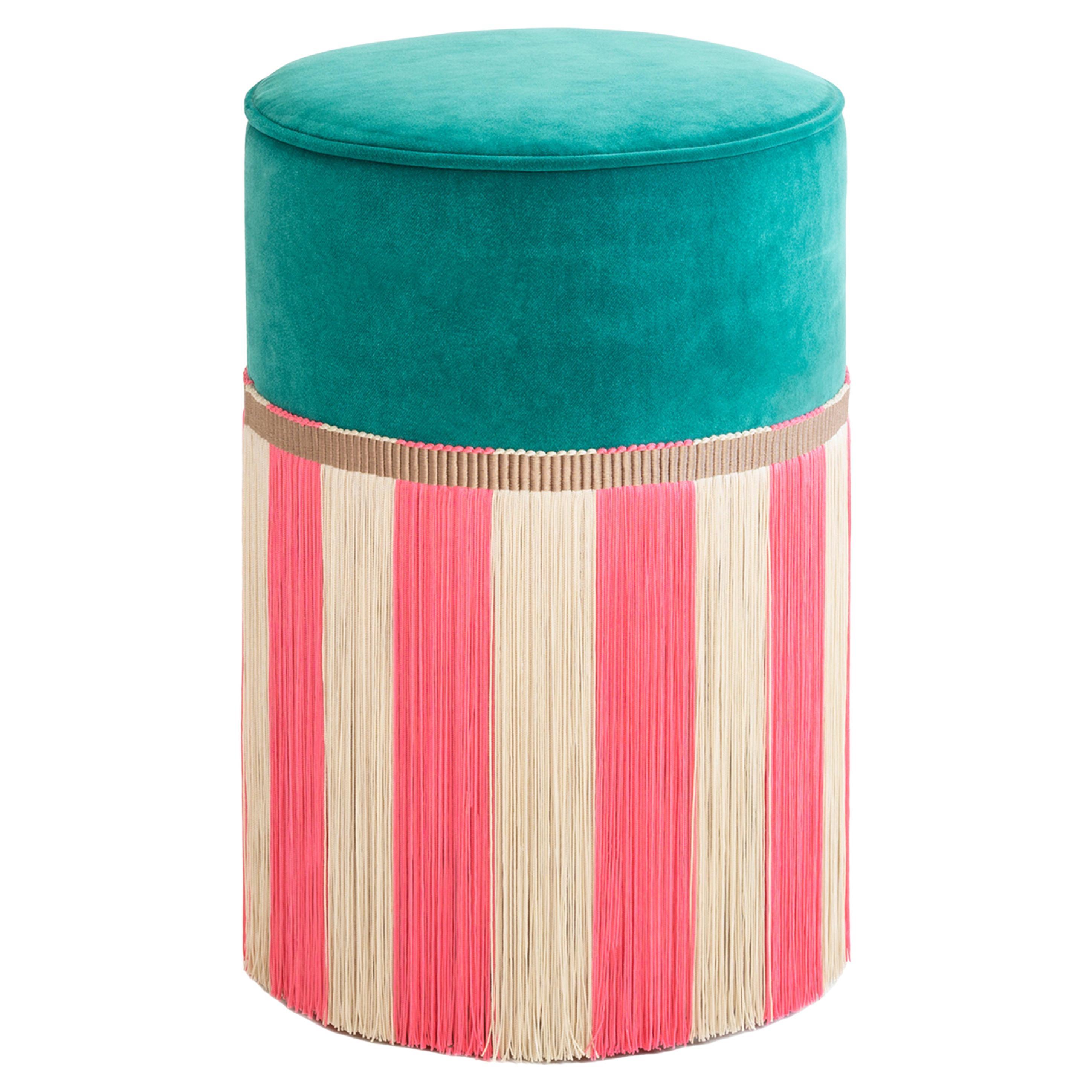 Petit pouf géométrique Riga de haute couture turquoise et rose