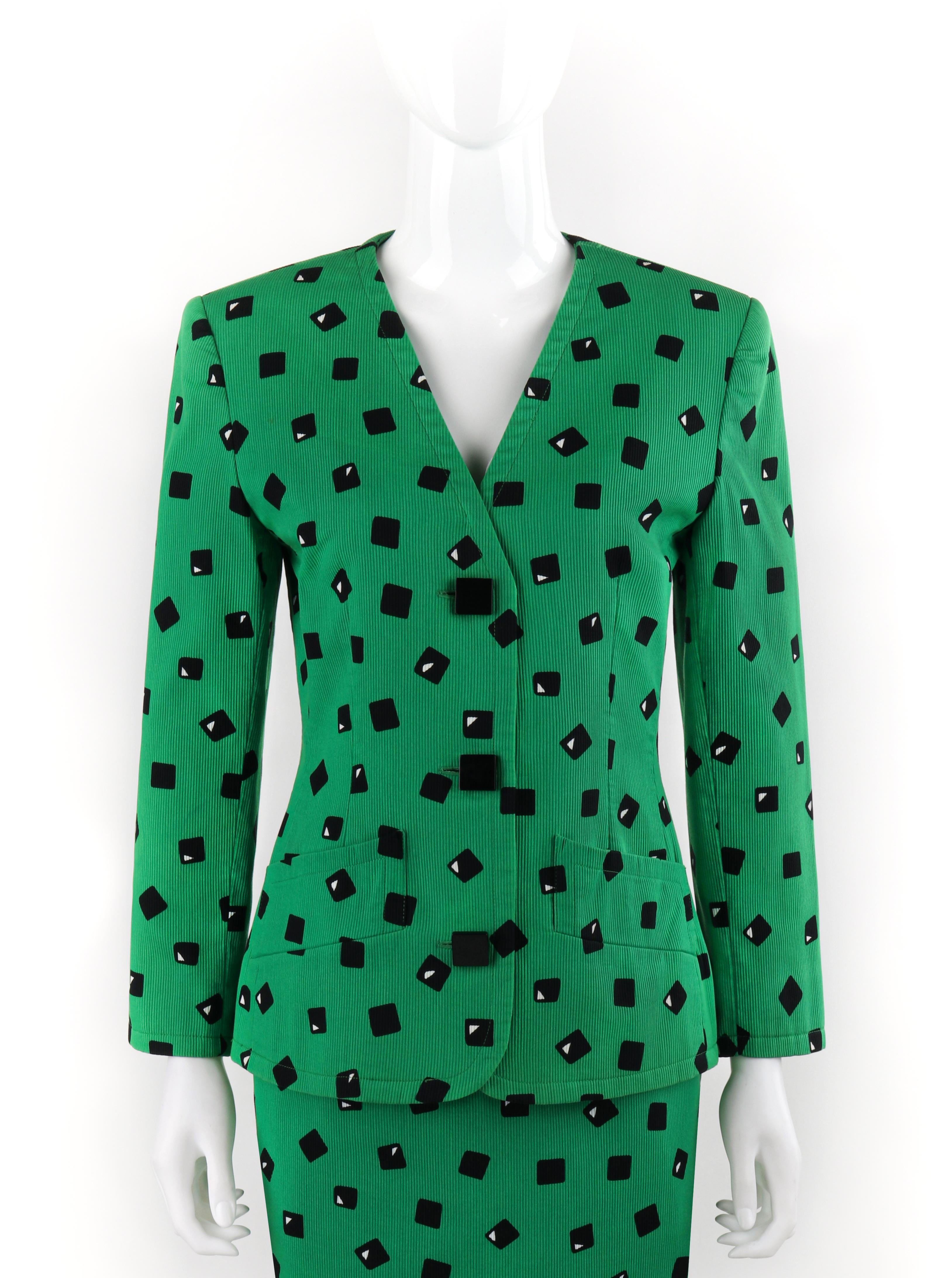 Couture HUBERT de GIVENCHY c.1980’s Green Black Blazer Skirt Suit Set Numbered
 
Brand / Manufacturer: Givenchy (couture / numbered)
Circa: 1980’s
Style: Skirt and Jacket Set
Color(s): Shades of green, white, and black
Lined: Yes
Unmarked Fabric