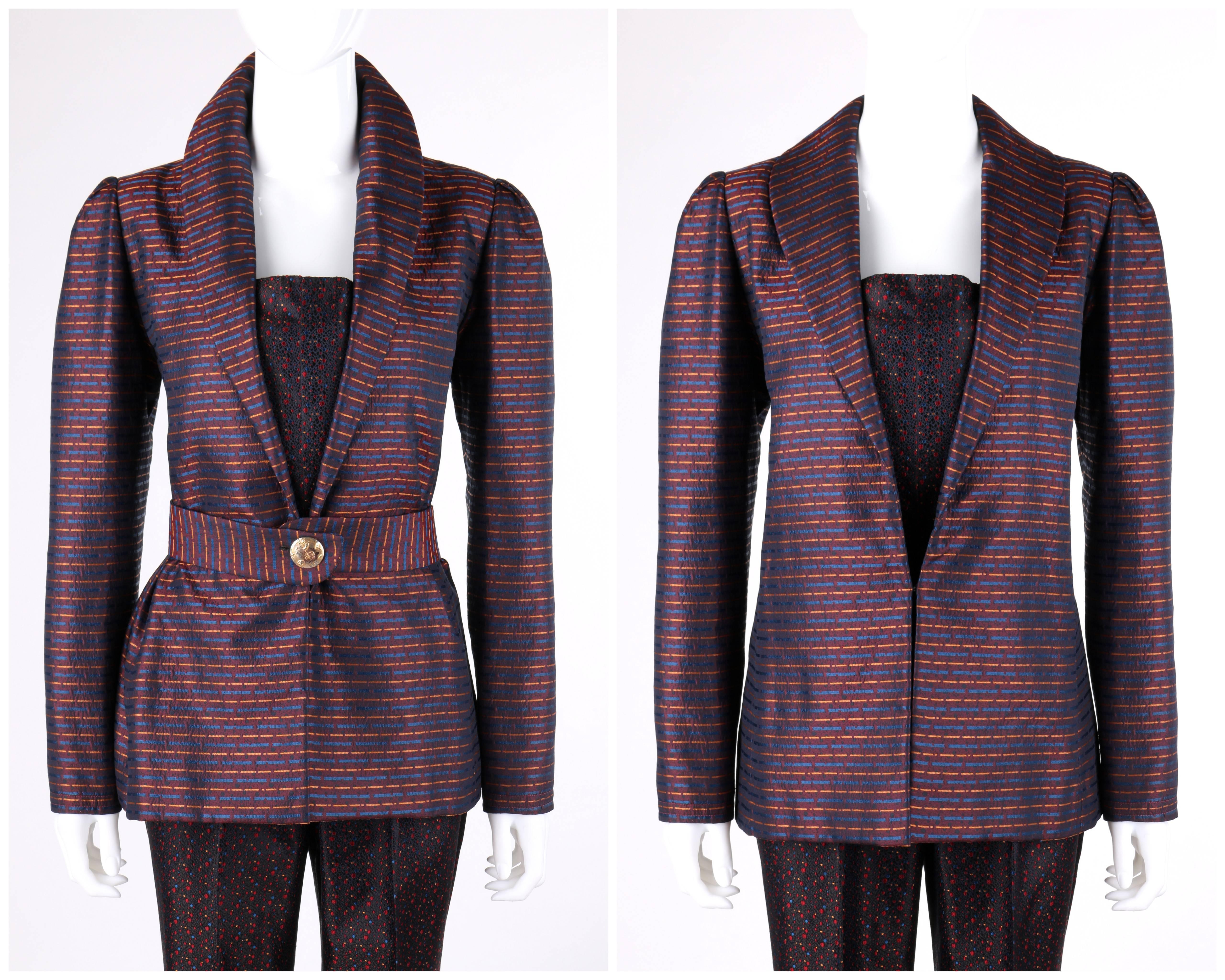 Vintage Irene Galitzine c.1960's couture three piece silk brocade belted blazer sleeveless jumpsuit / suit set. Maroon and black iridescent brocade with gold and blue dashed stripe and black dot pattern over top. Shawl collar blazer. Single hook and