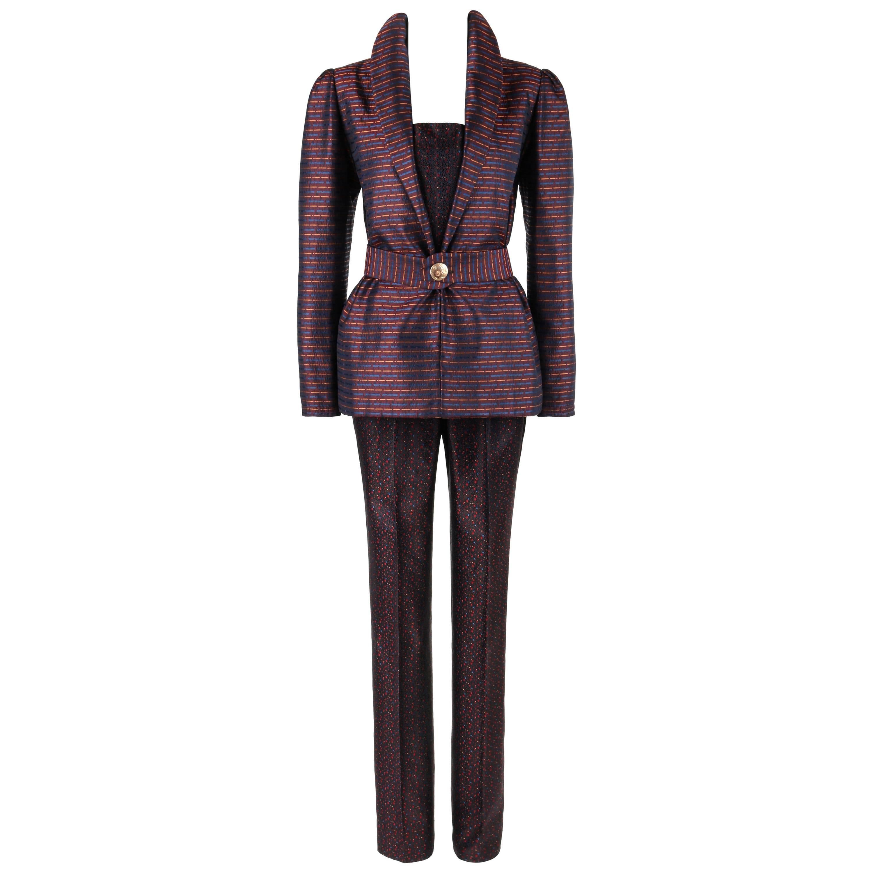 Couture IRENE GALITZINE c.1960's Dreiteiliger Anzug aus Seidenbrokat, Blazer mit Gürtel