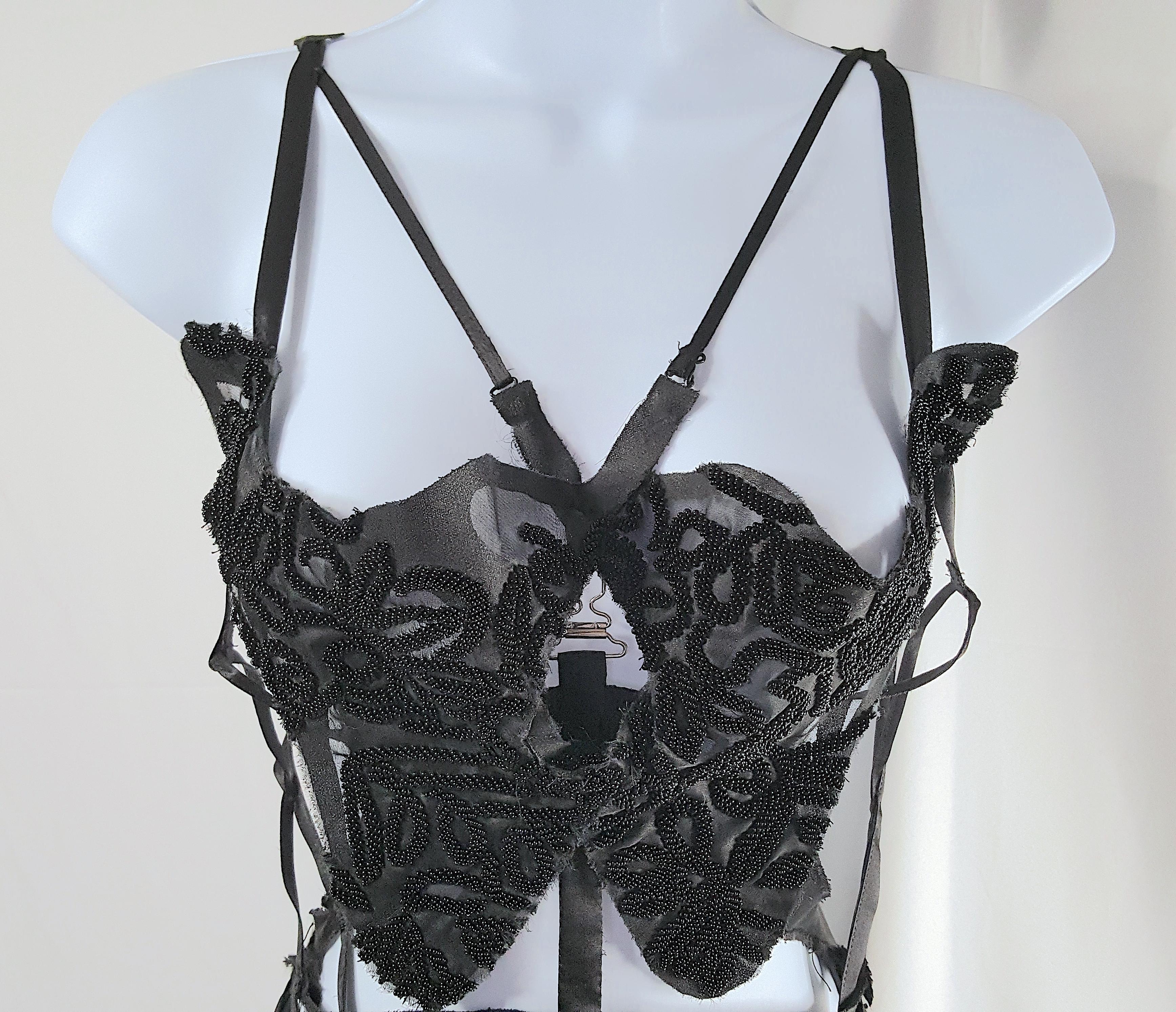 Women's Couture LingerieLike Beaded Silk Cutwork Balenciaga Style 2000s Black Vest Apron For Sale