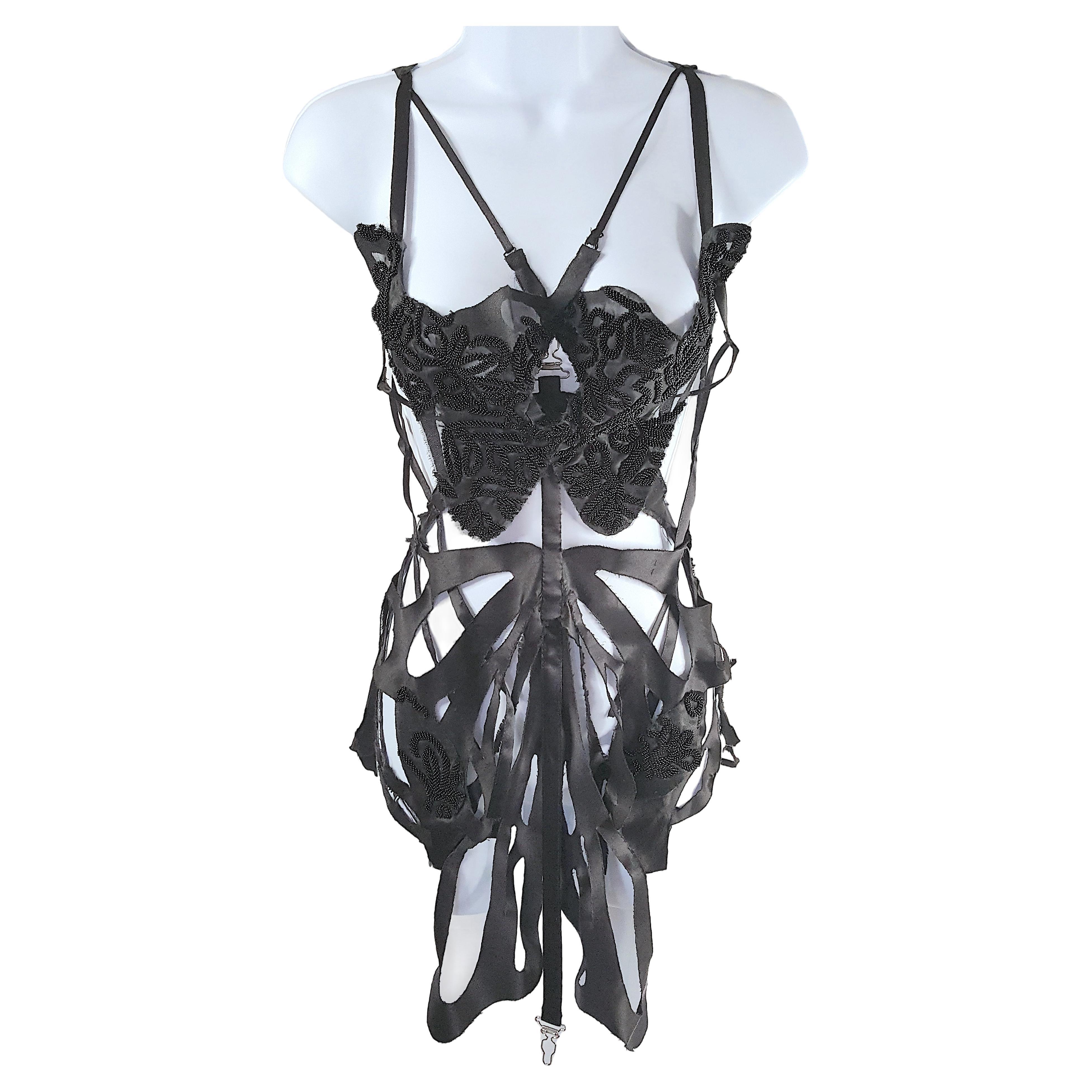 Couture LingerieLike Beaded Silk Cutwork Balenciaga Style 2000s Black Vest Apron For Sale