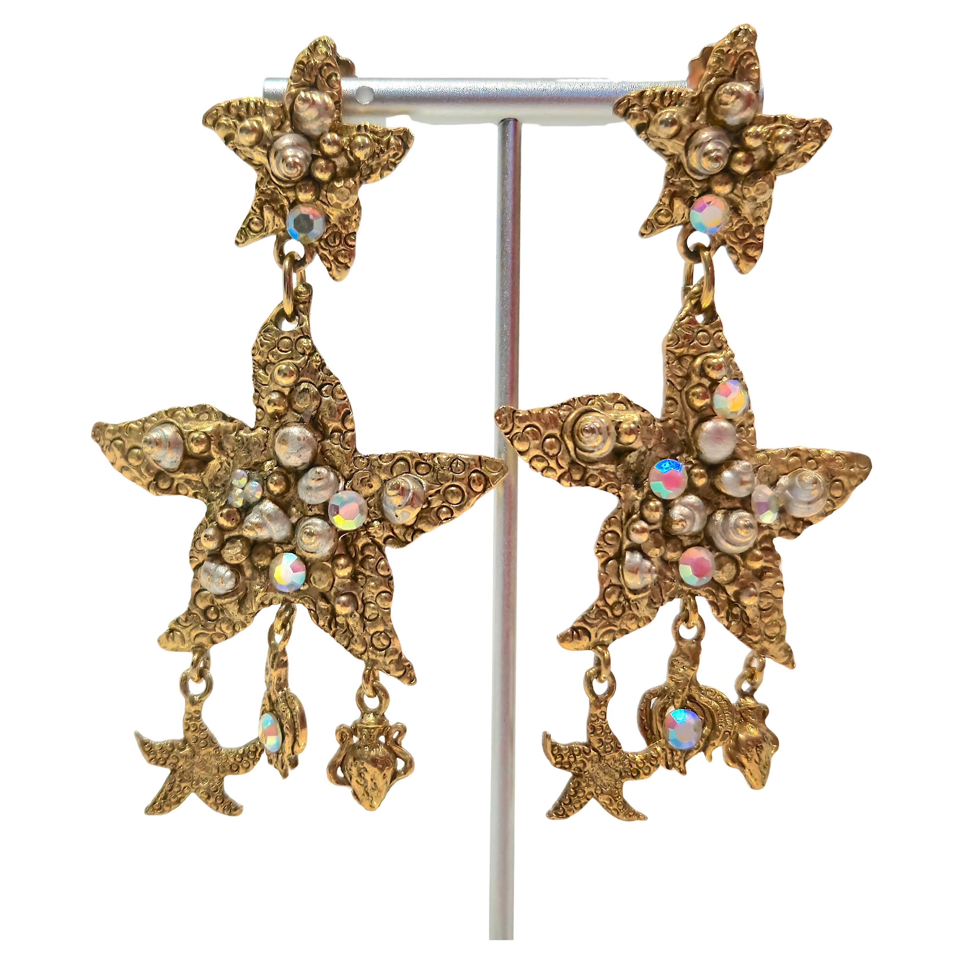 Couture Starfish TurboShell Gold Gilt Bronze Dangle Drop Earrings MidCentury