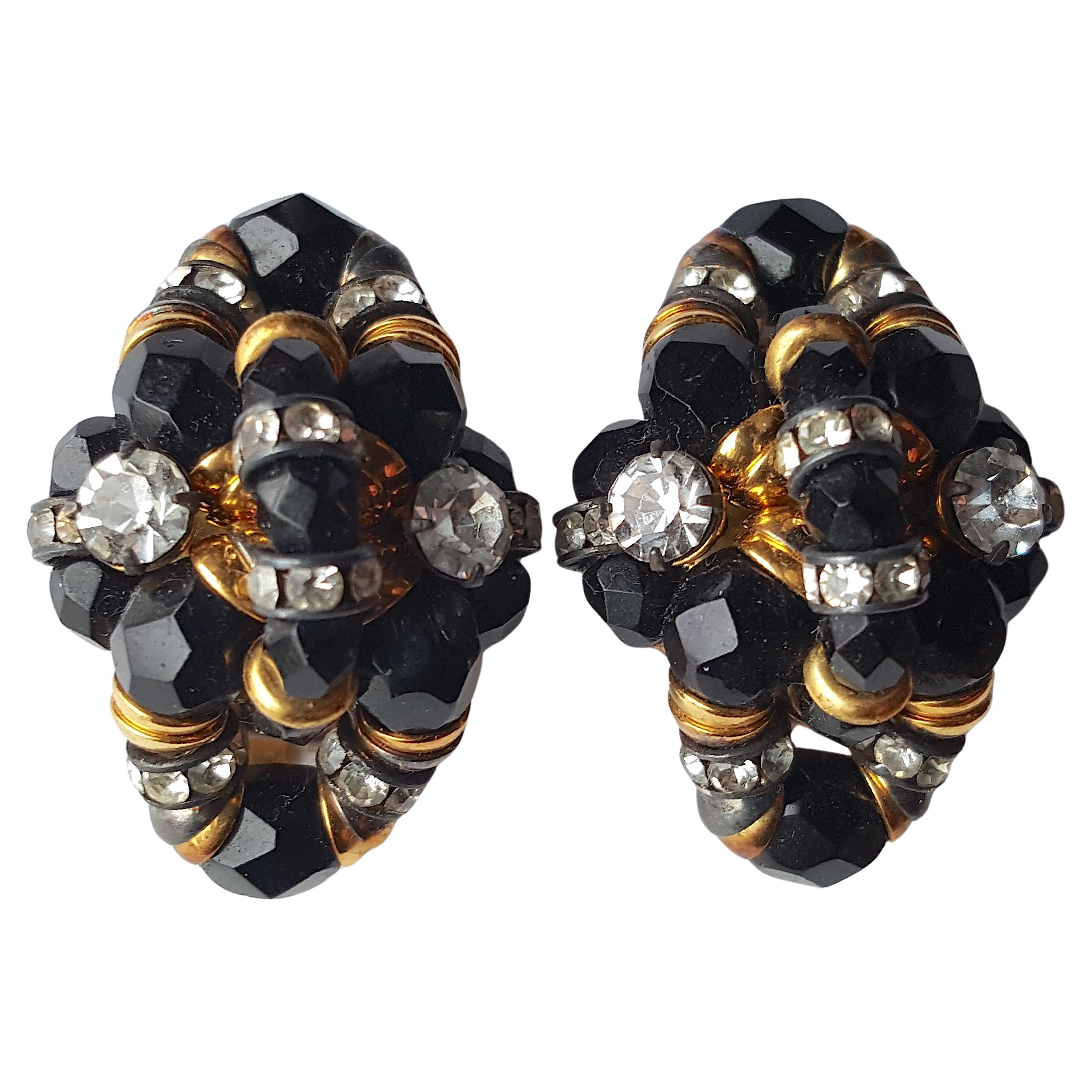 Artisan Couture Montague 1950s French WiredGlassBeads CrystalEnameledRondelles Earrings en vente
