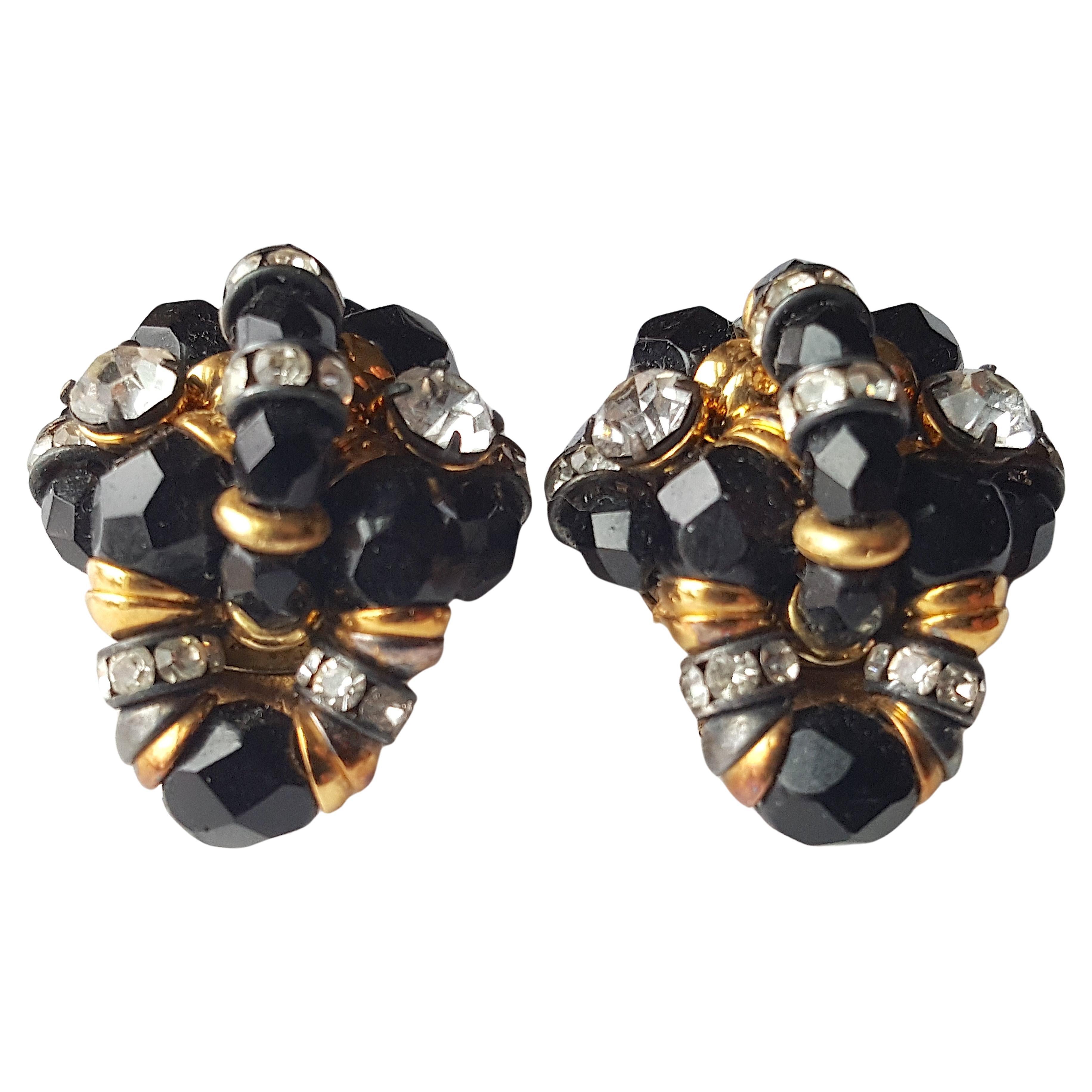 Mixed Cut Couture 1950s French Montague Wired GlassBeads CrystalEnameledRondelles Earrings For Sale