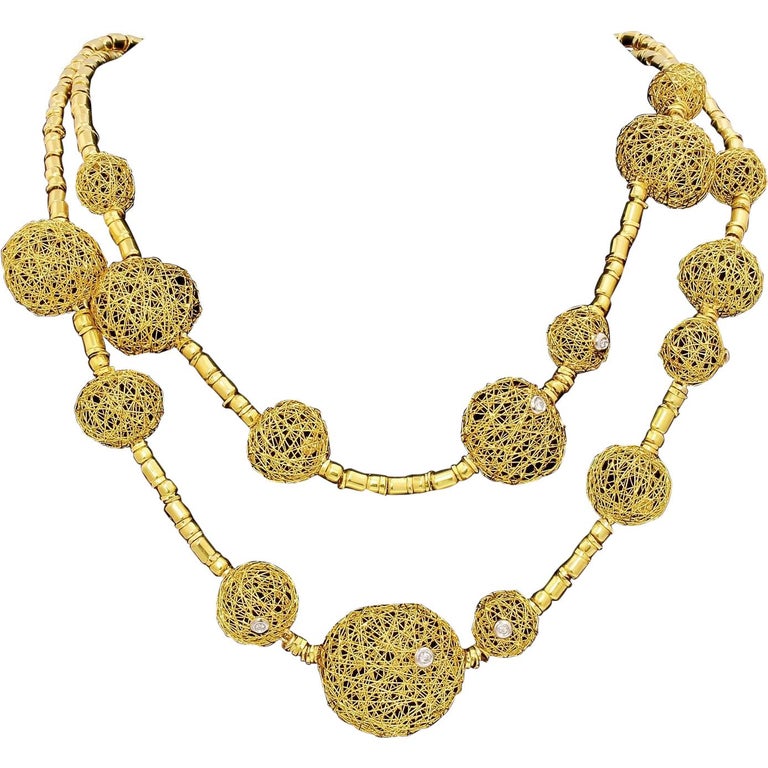 Couture Orlando Orlandini 18kt Gold Diamond Lace Sphere Necklace Double