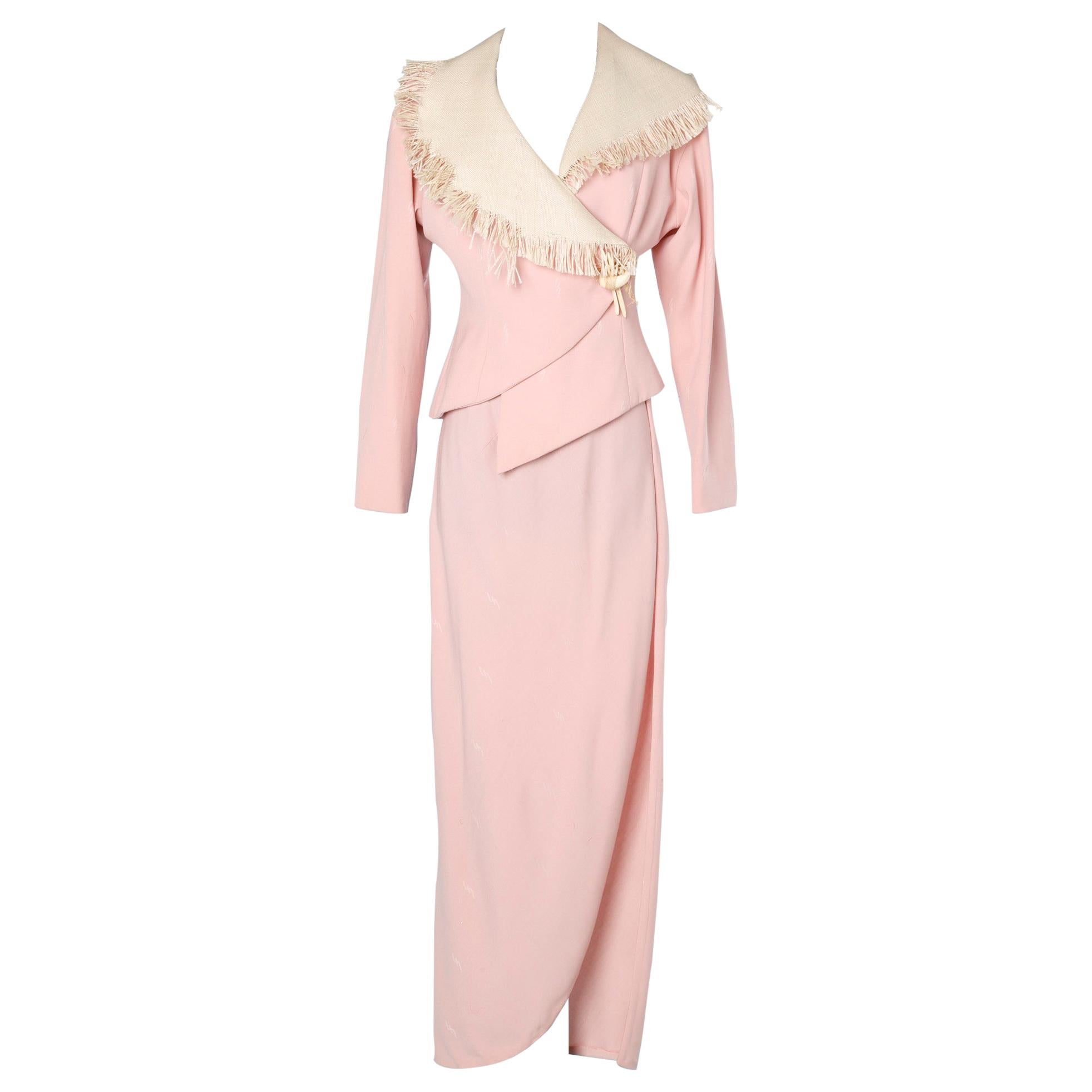 Couture pale pink skirt-suit in silk Lecoanet Hemant