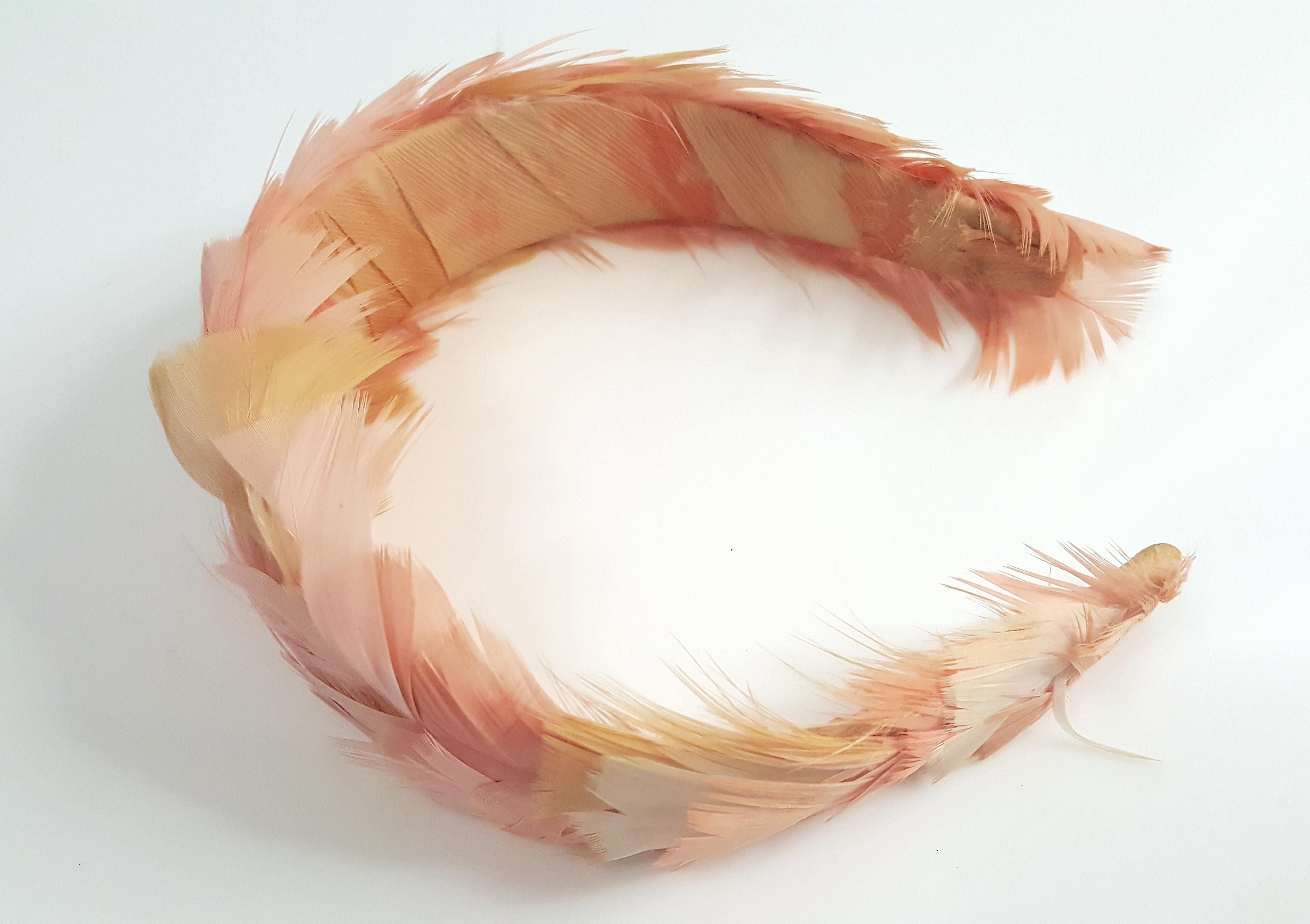 Couture Parisian Feather Flapper Headpiece Pink Beige Interior Painted Silk 2003 In Good Condition In Chicago, IL