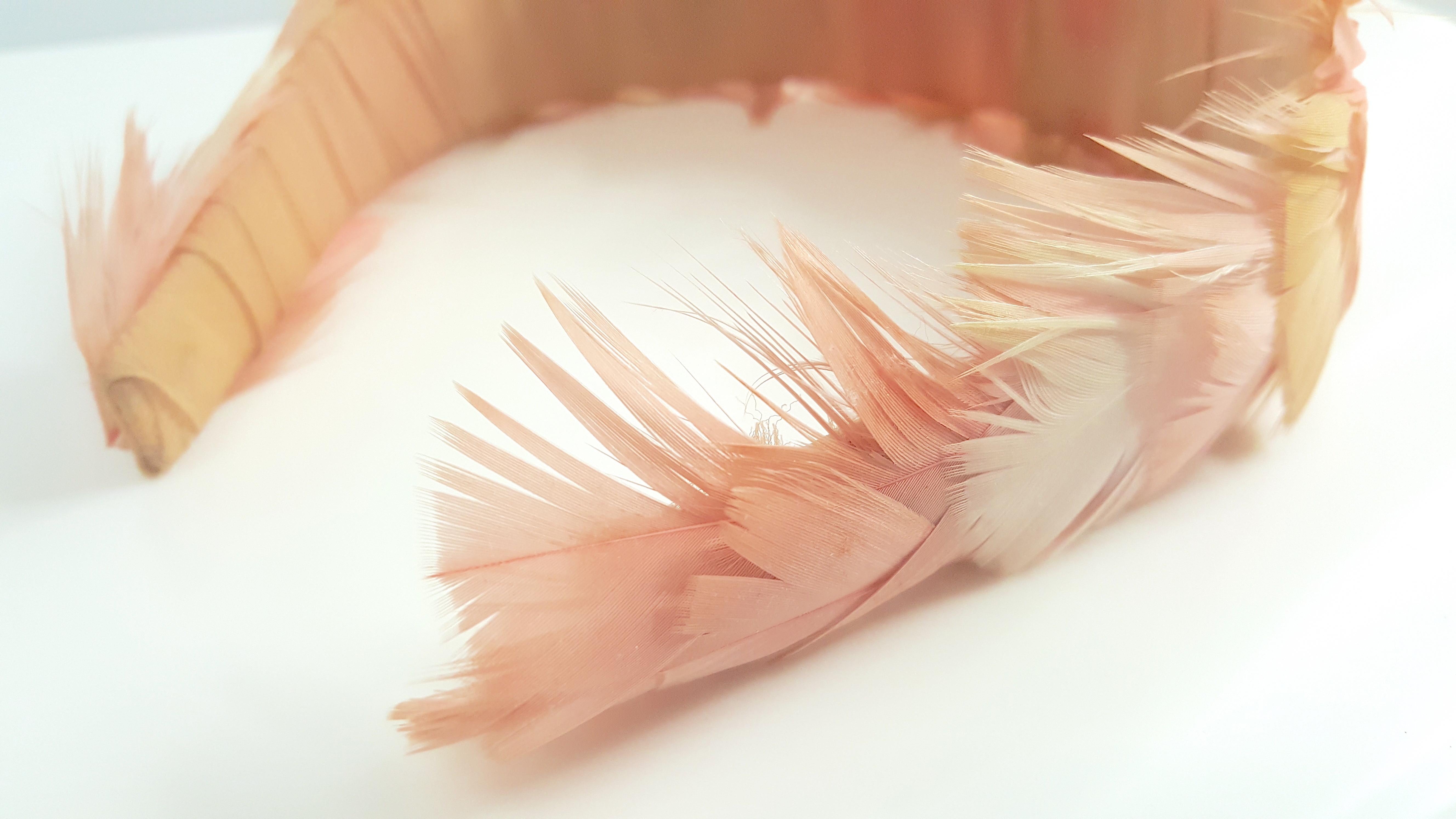 Couture Parisian Feather Flapper Headpiece Pink Beige Interior Painted Silk 2003 1