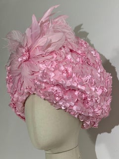 Couture Quality Carnation Pink Turban w 3-D Petal Applique & Feather Flower