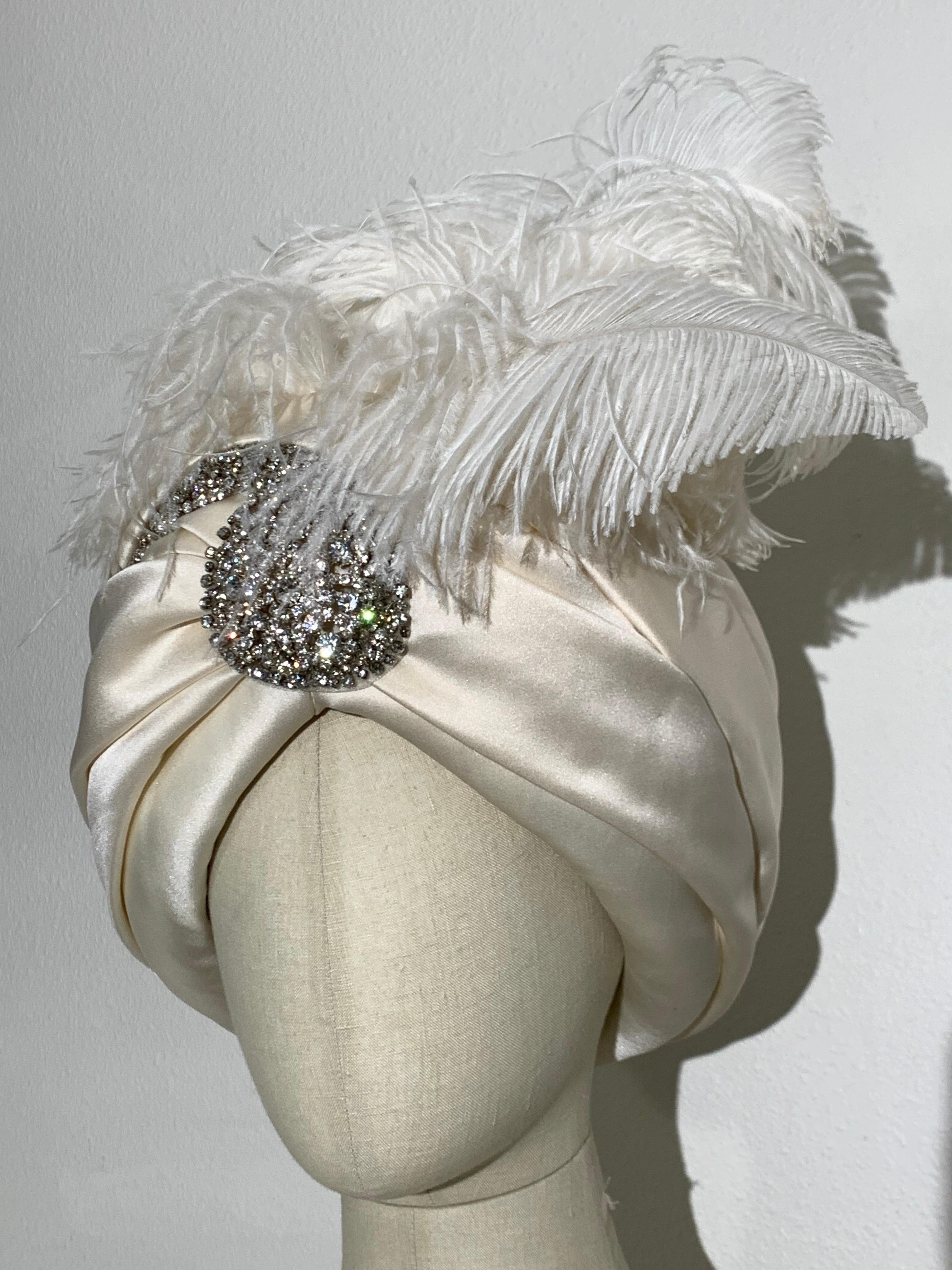 Couture Quality Maharaja-Style White Silk Satin Turban w Rhinestone Brooch For Sale 5