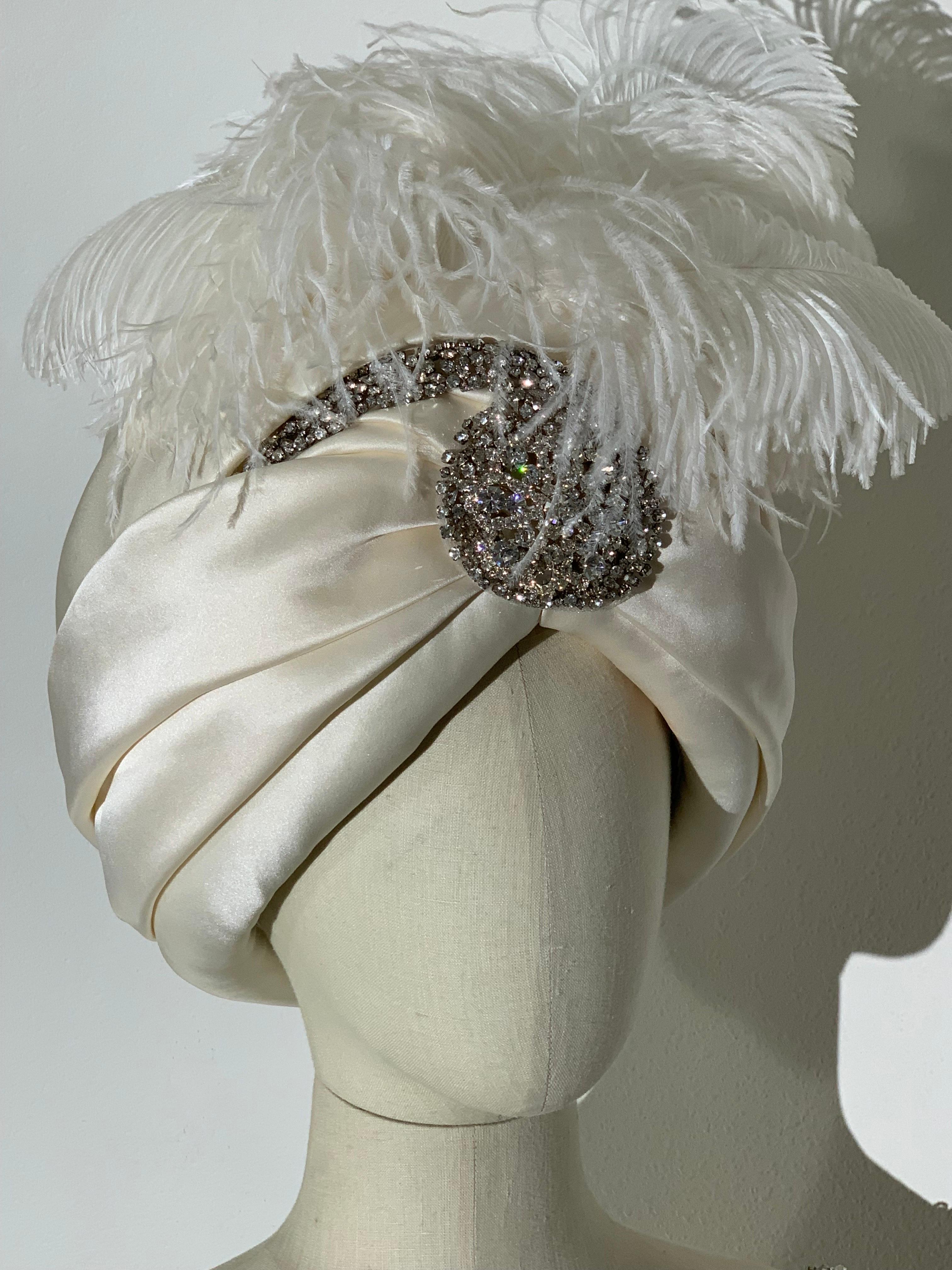 Couture Quality Maharaja-Style White Silk Satin Turban w Rhinestone Brooch For Sale 7