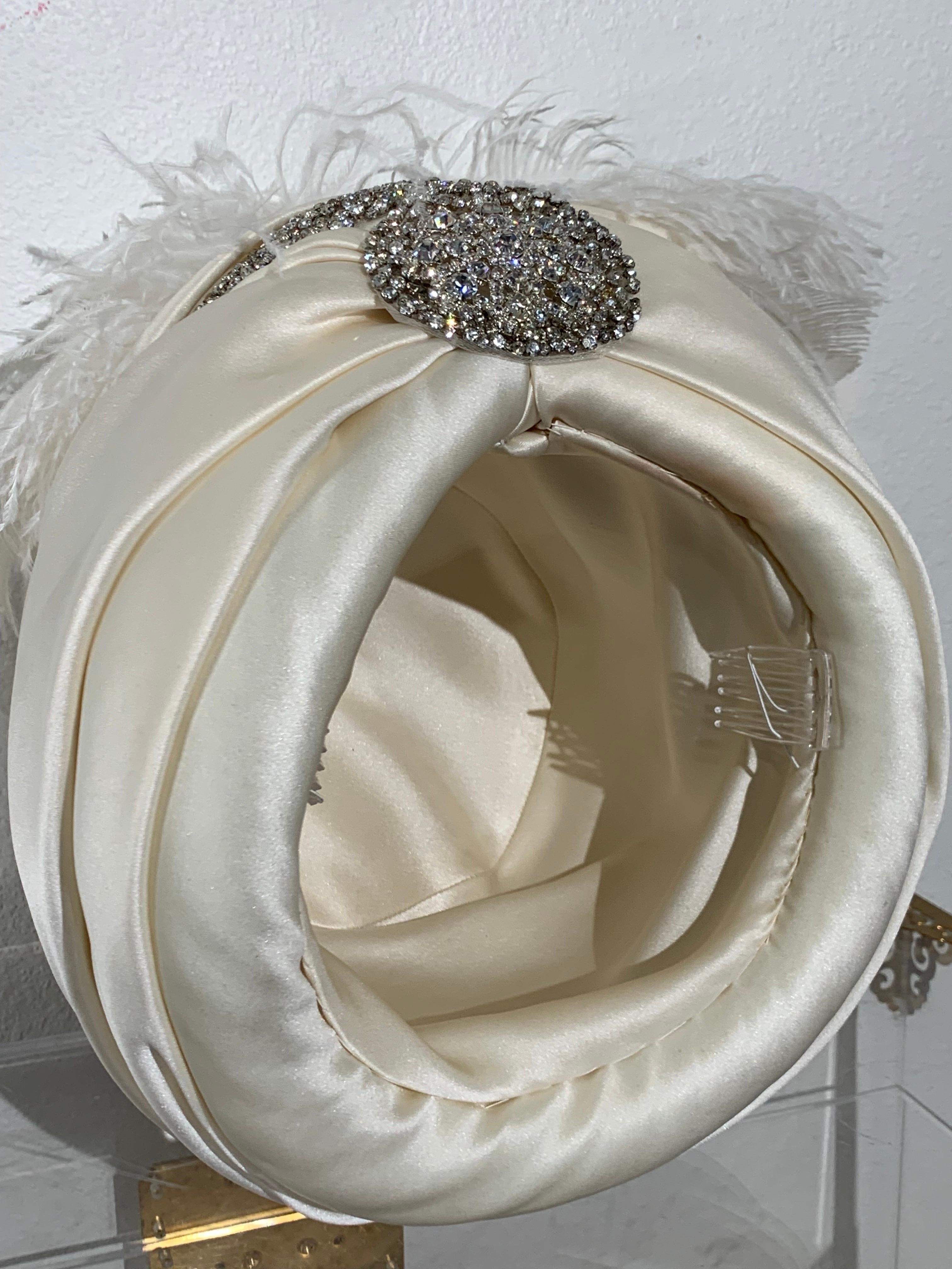 Couture Quality Maharaja-Style White Silk Satin Turban w Rhinestone Brooch For Sale 8