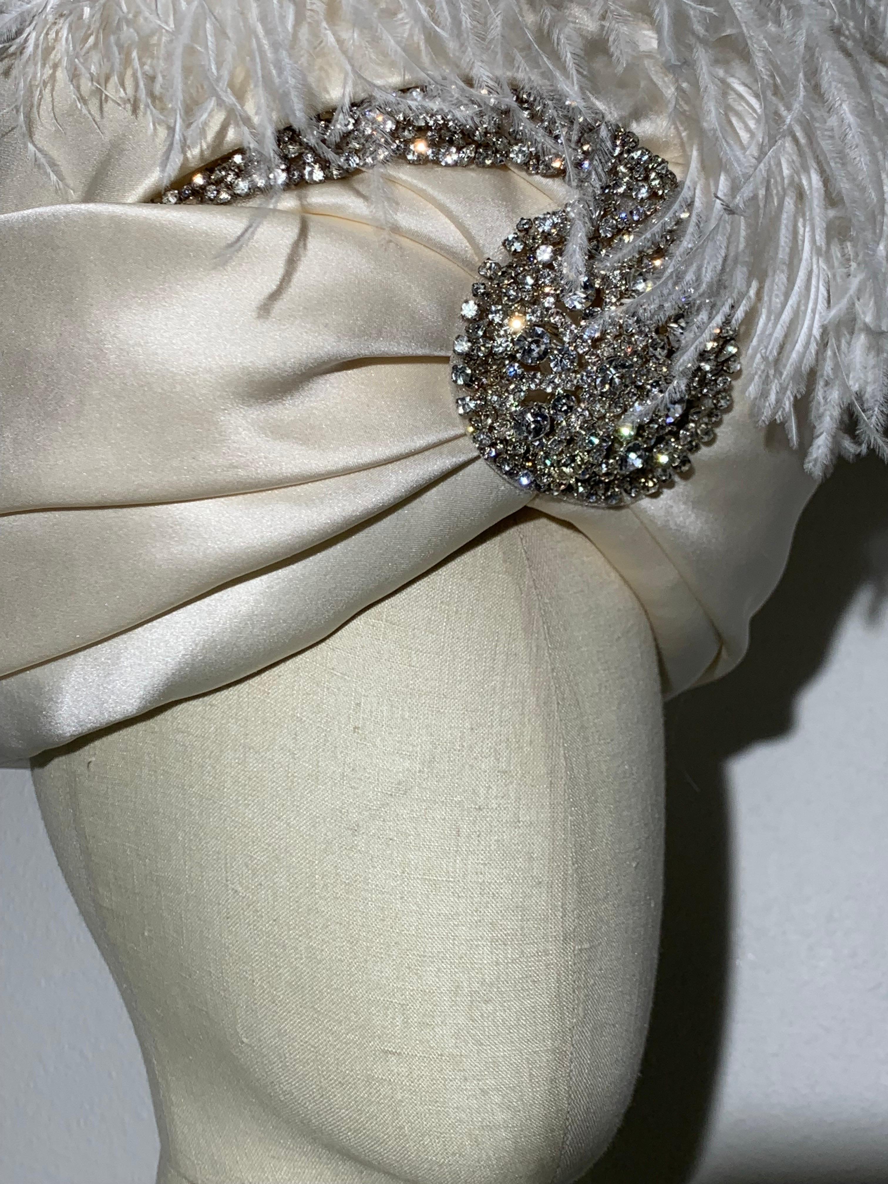 Couture Quality Maharaja-Style White Silk Satin Turban w Rhinestone Brooch In Excellent Condition For Sale In Gresham, OR