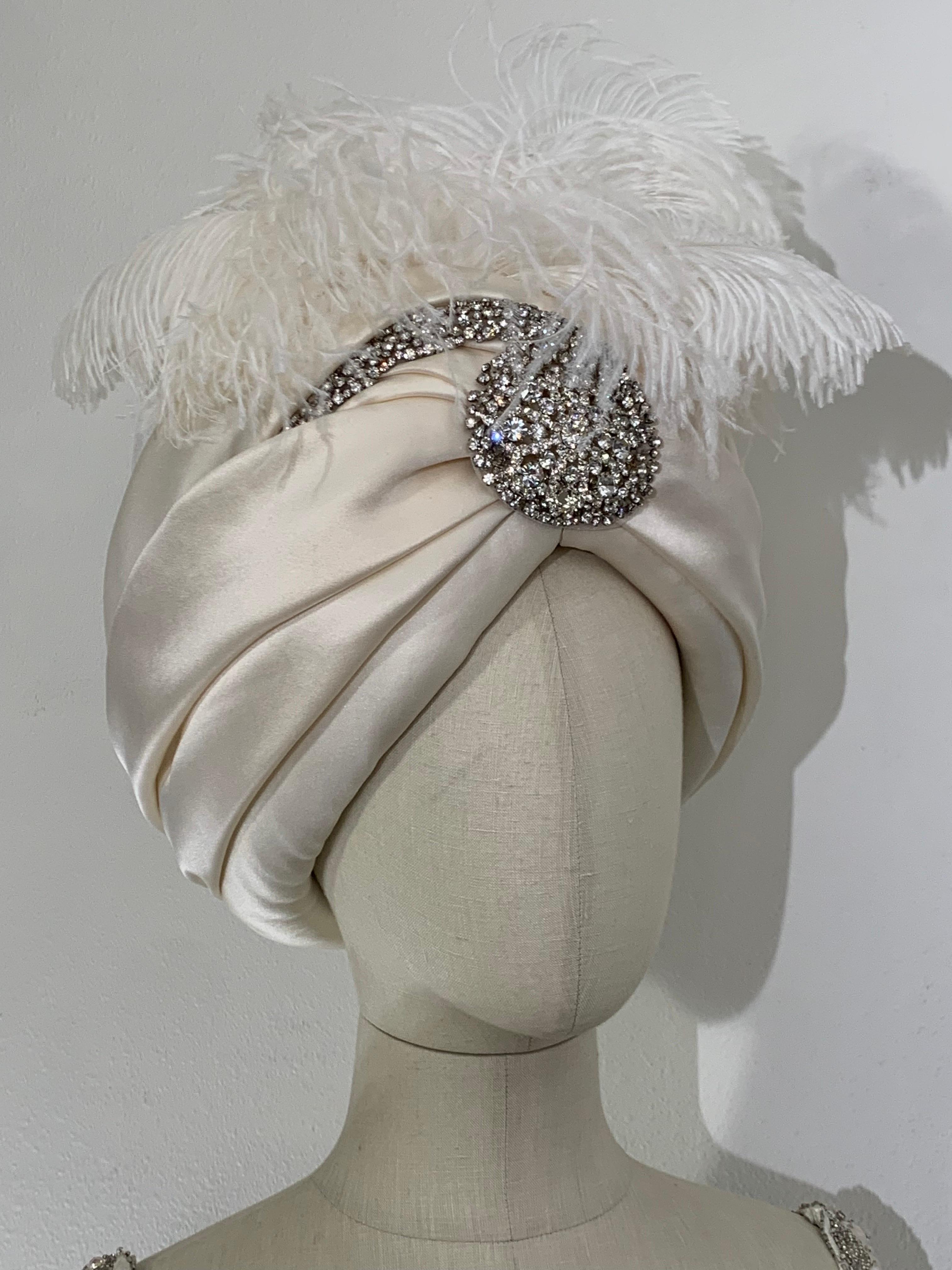 Women's or Men's Couture Quality Maharaja-Style White Silk Satin Turban w Rhinestone Brooch For Sale