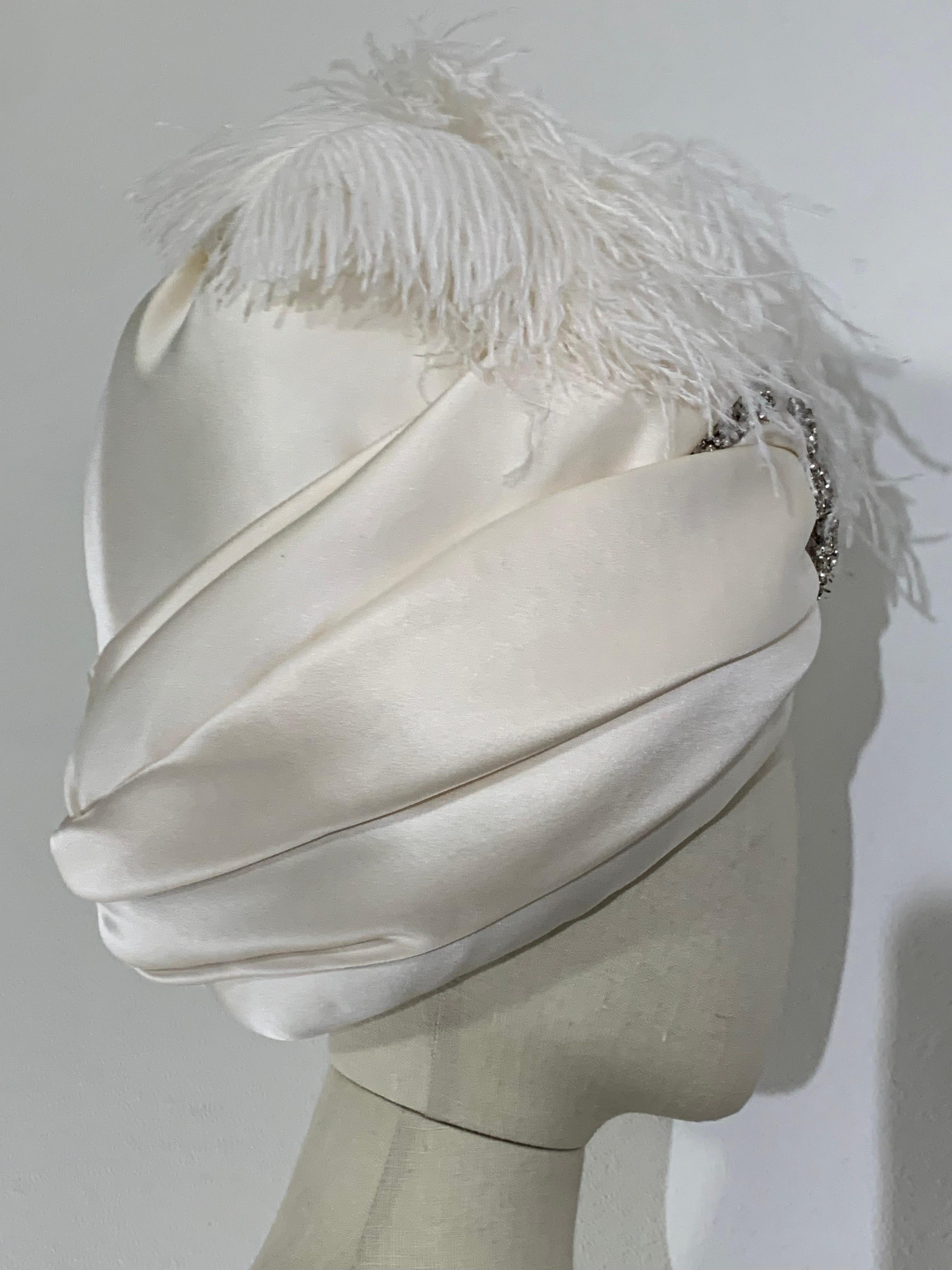 Couture Quality Maharaja-Style White Silk Satin Turban w Rhinestone Brooch For Sale 1