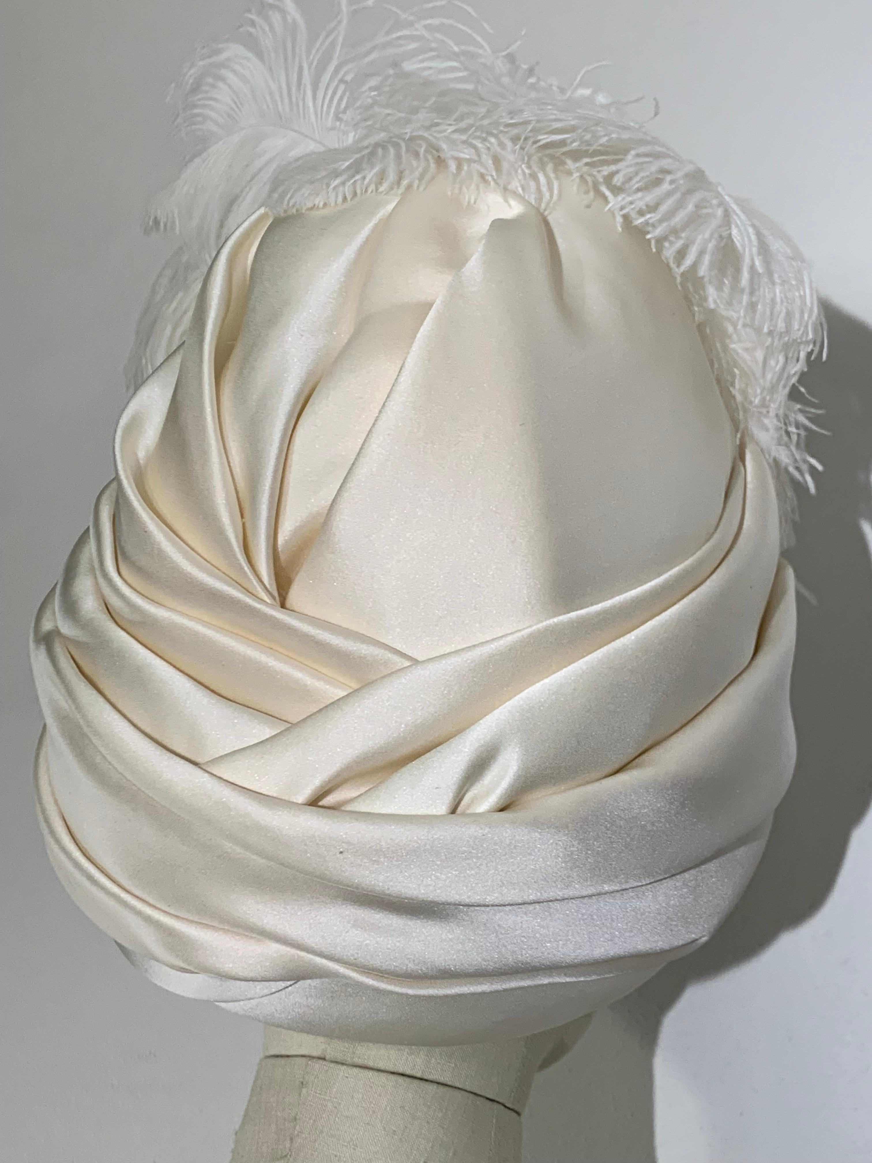 Couture Quality Maharaja-Style White Silk Satin Turban w Rhinestone Brooch For Sale 2