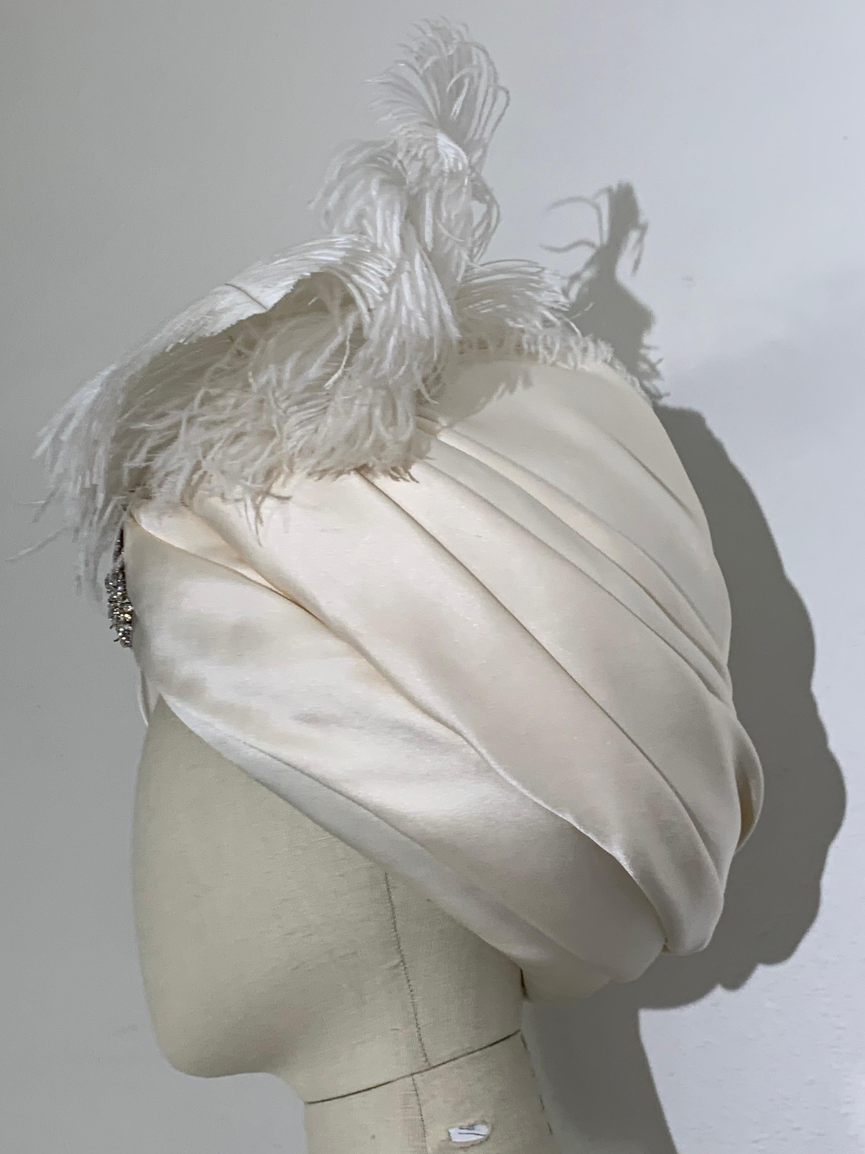 Couture Quality Maharaja-Style White Silk Satin Turban w Rhinestone Brooch For Sale 3
