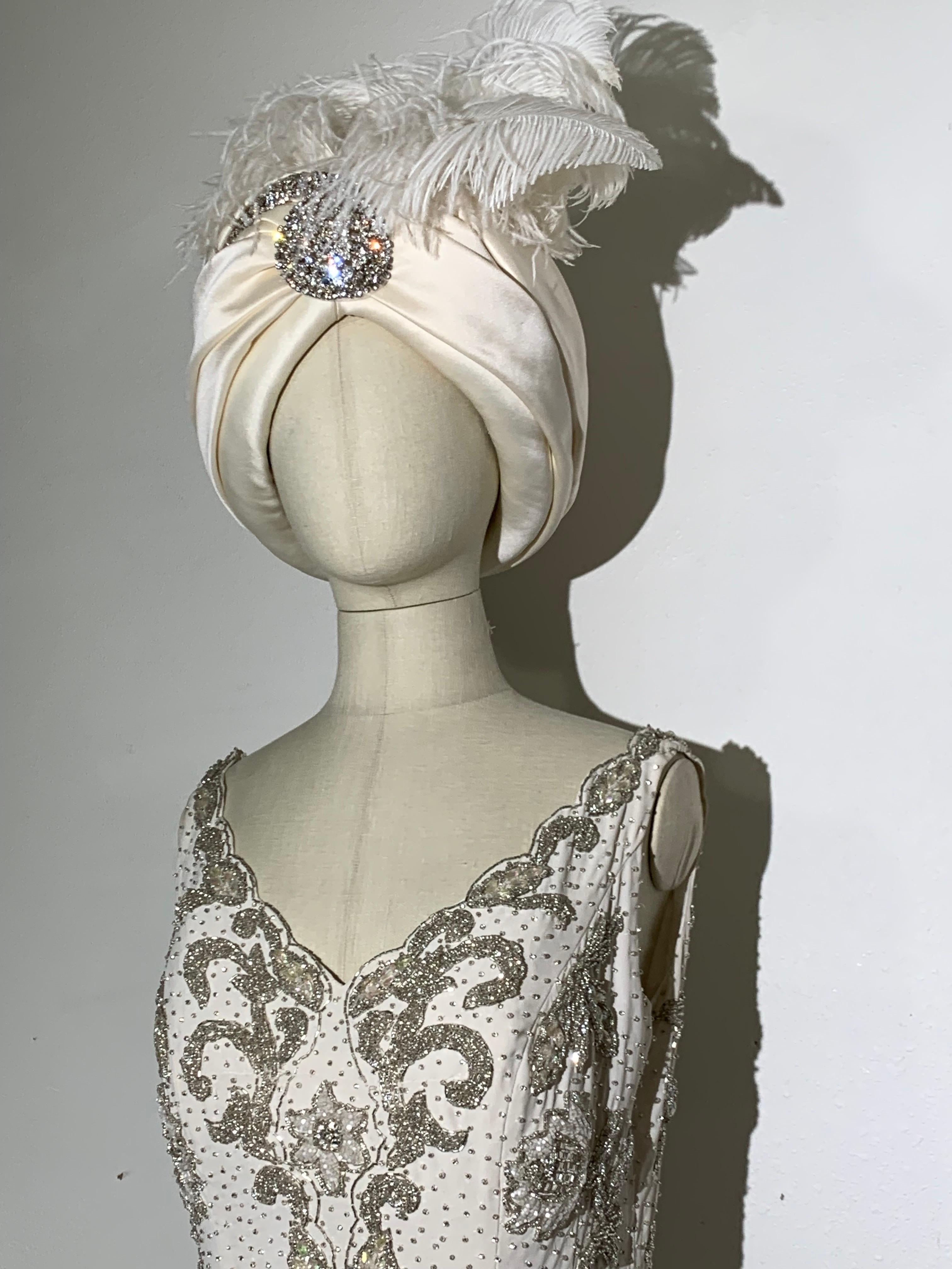 Couture Quality Maharaja-Style White Silk Satin Turban w Rhinestone Brooch For Sale 4