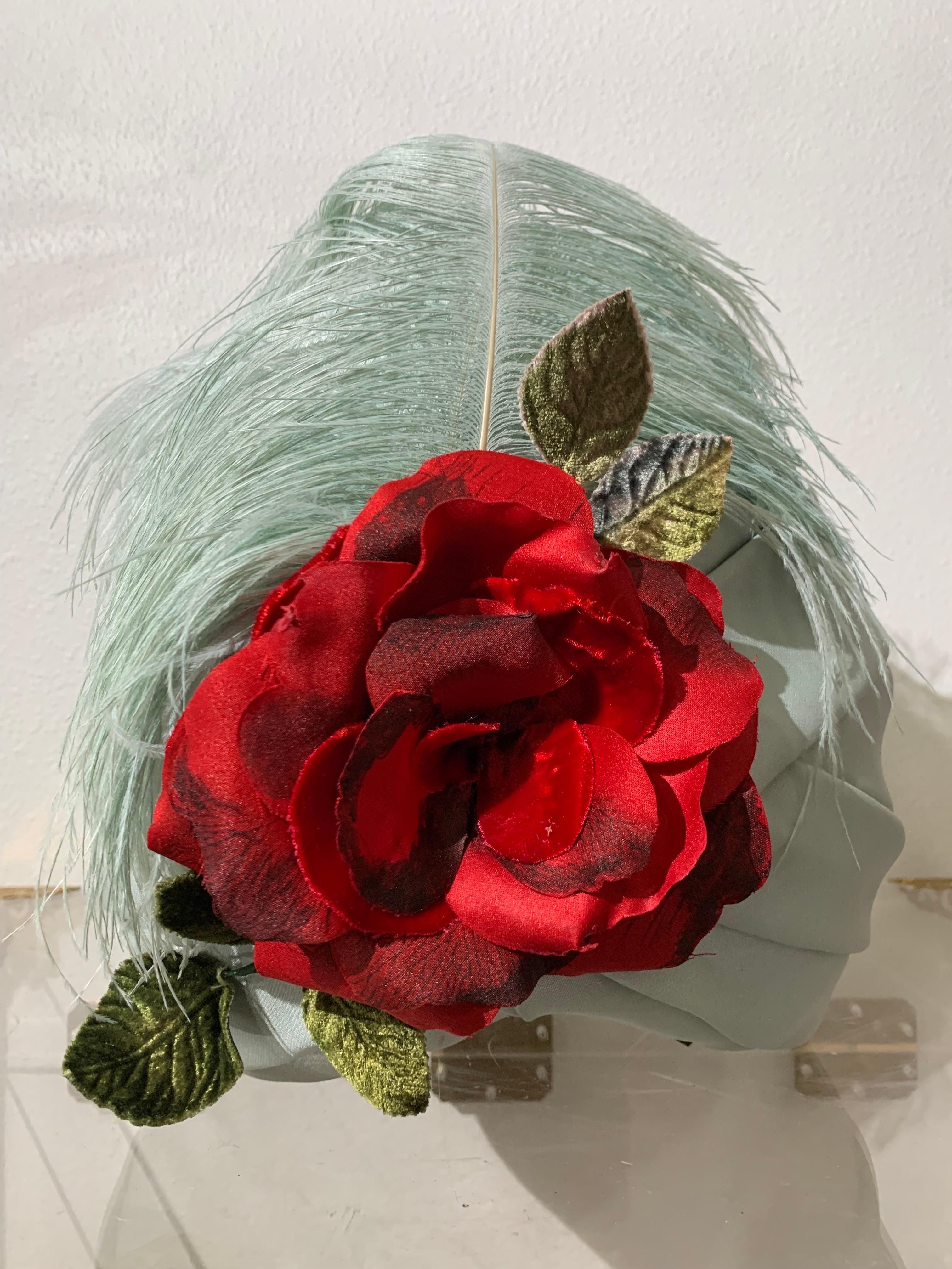 Couture Quality Mint Silk Organza Turban w Matching Ostrich Plume and Red Rose For Sale 5