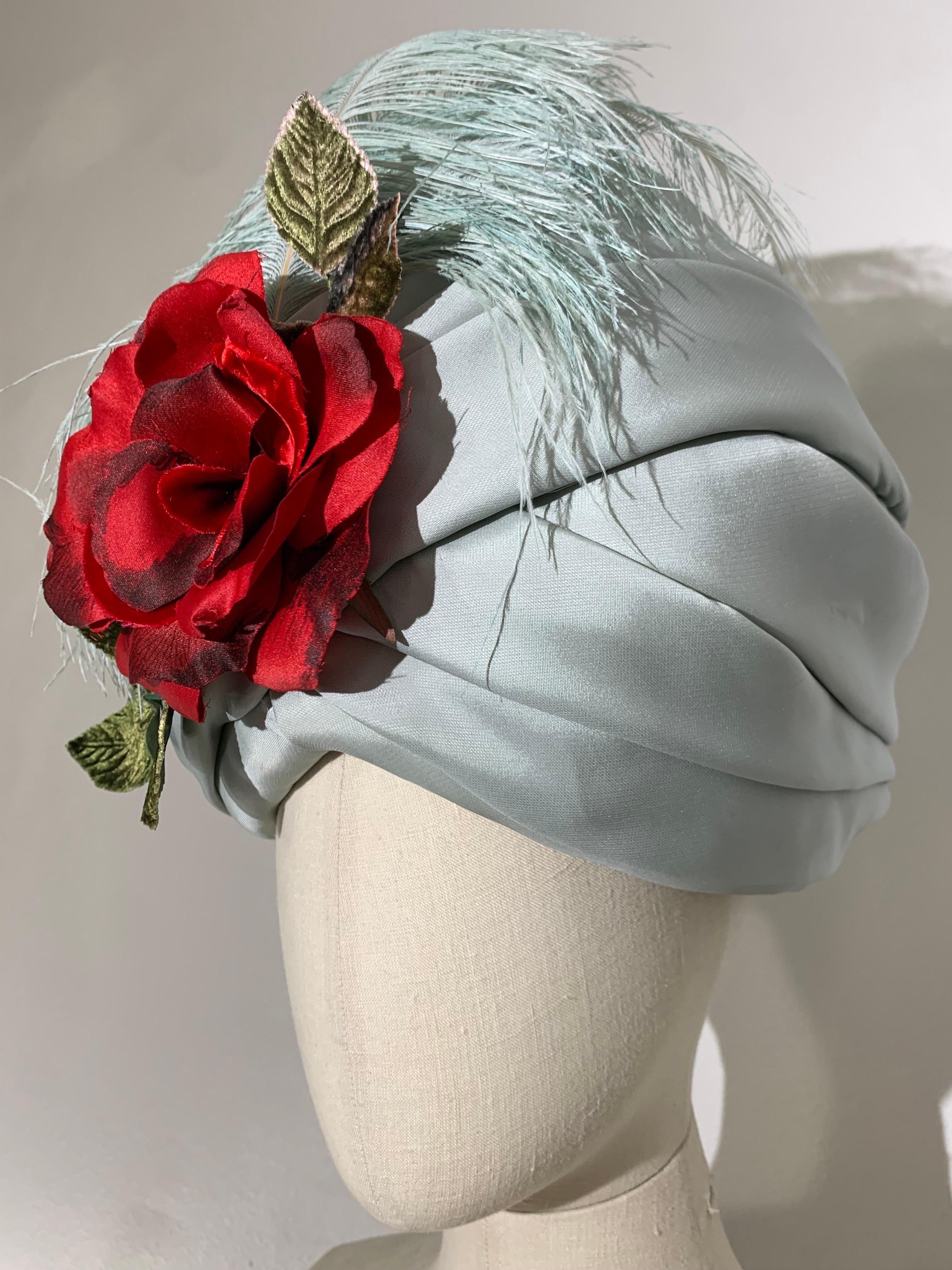 Custom Made Pale Mint Green Turban w Flower at Front: Created by Suzanne Couture Millinery. The palest mint green silk organza or gazar on a bold shape, wrapped and draped over a stiffened base for volume. A matching green ostrich plume and