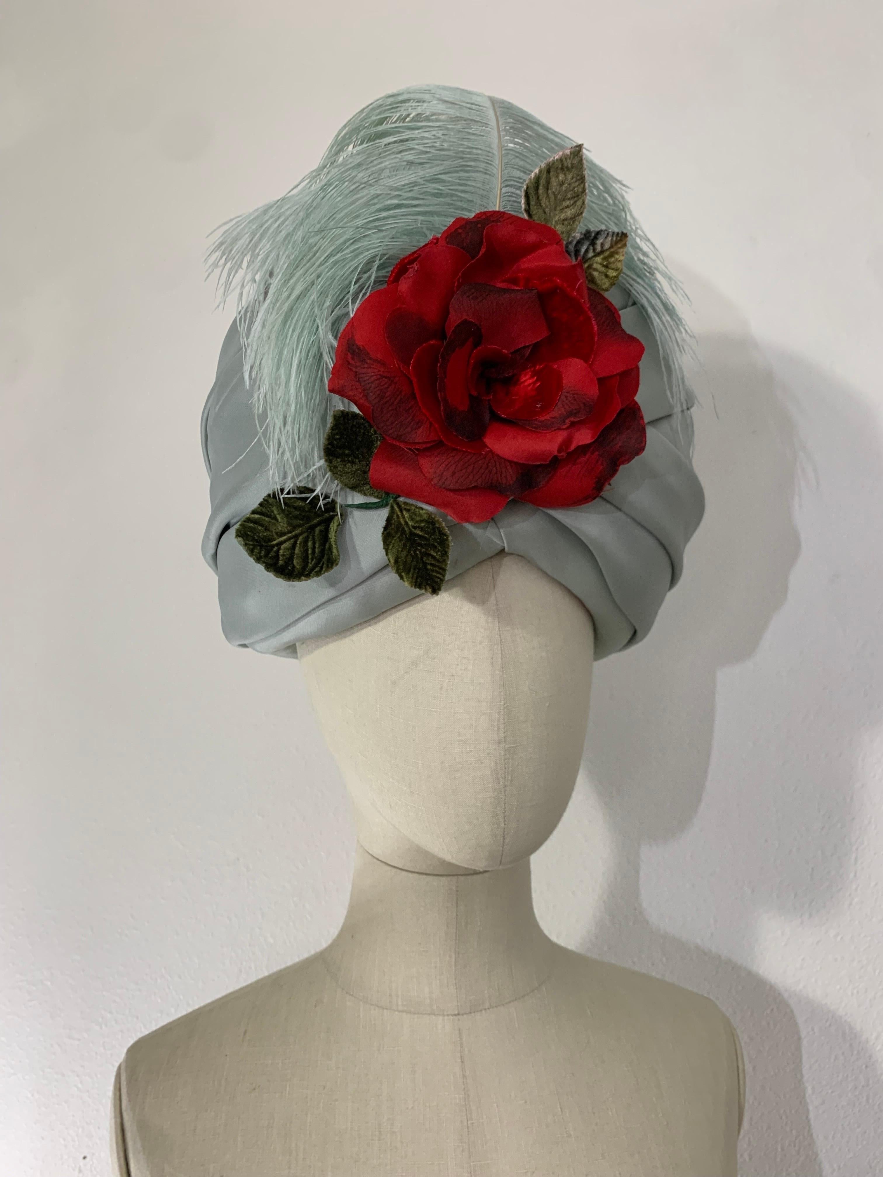 Gray Couture Quality Mint Silk Organza Turban w Matching Ostrich Plume and Red Rose For Sale