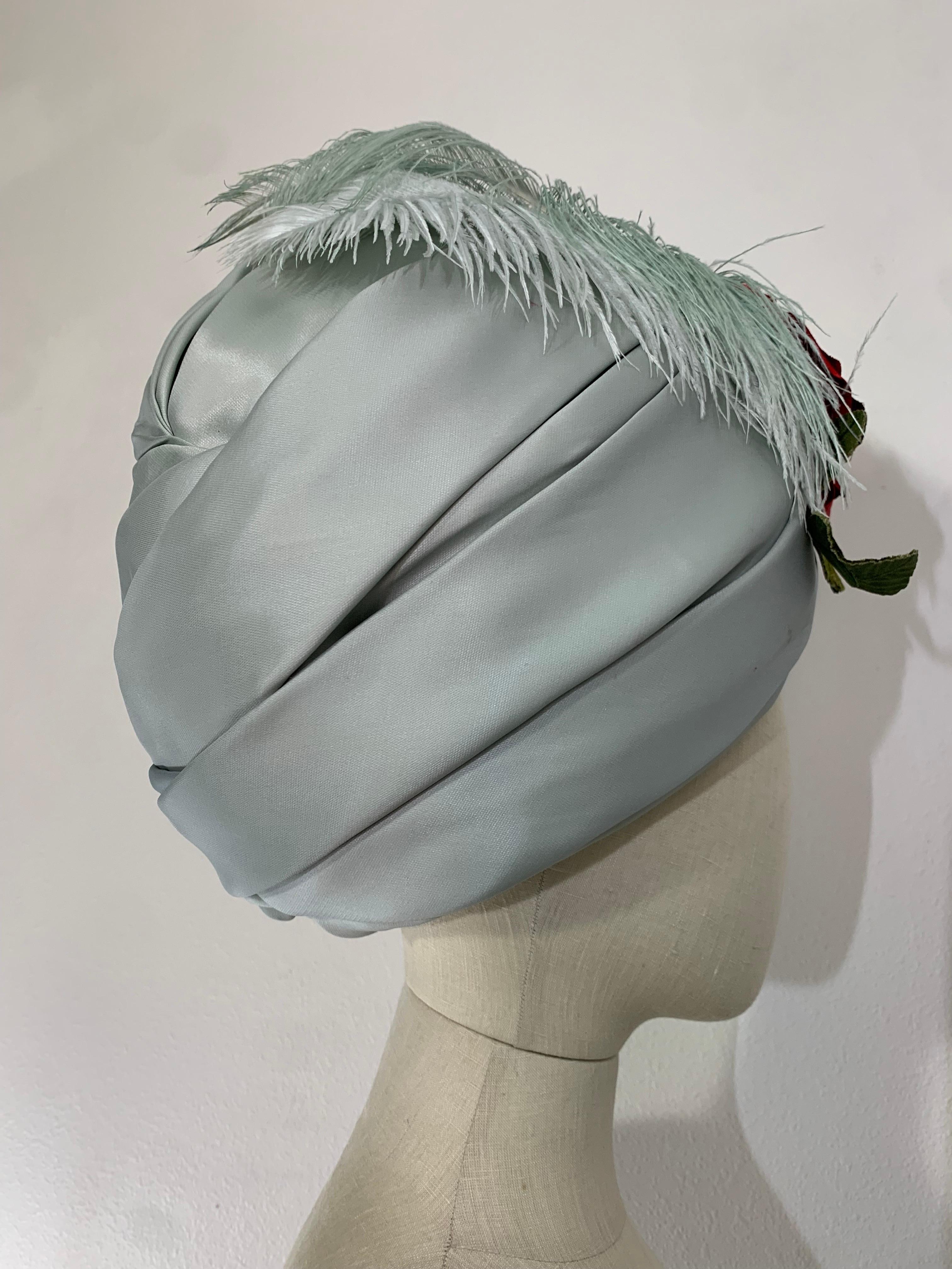 Couture Quality Mint Silk Organza Turban w Matching Ostrich Plume and Red Rose In Excellent Condition For Sale In Gresham, OR