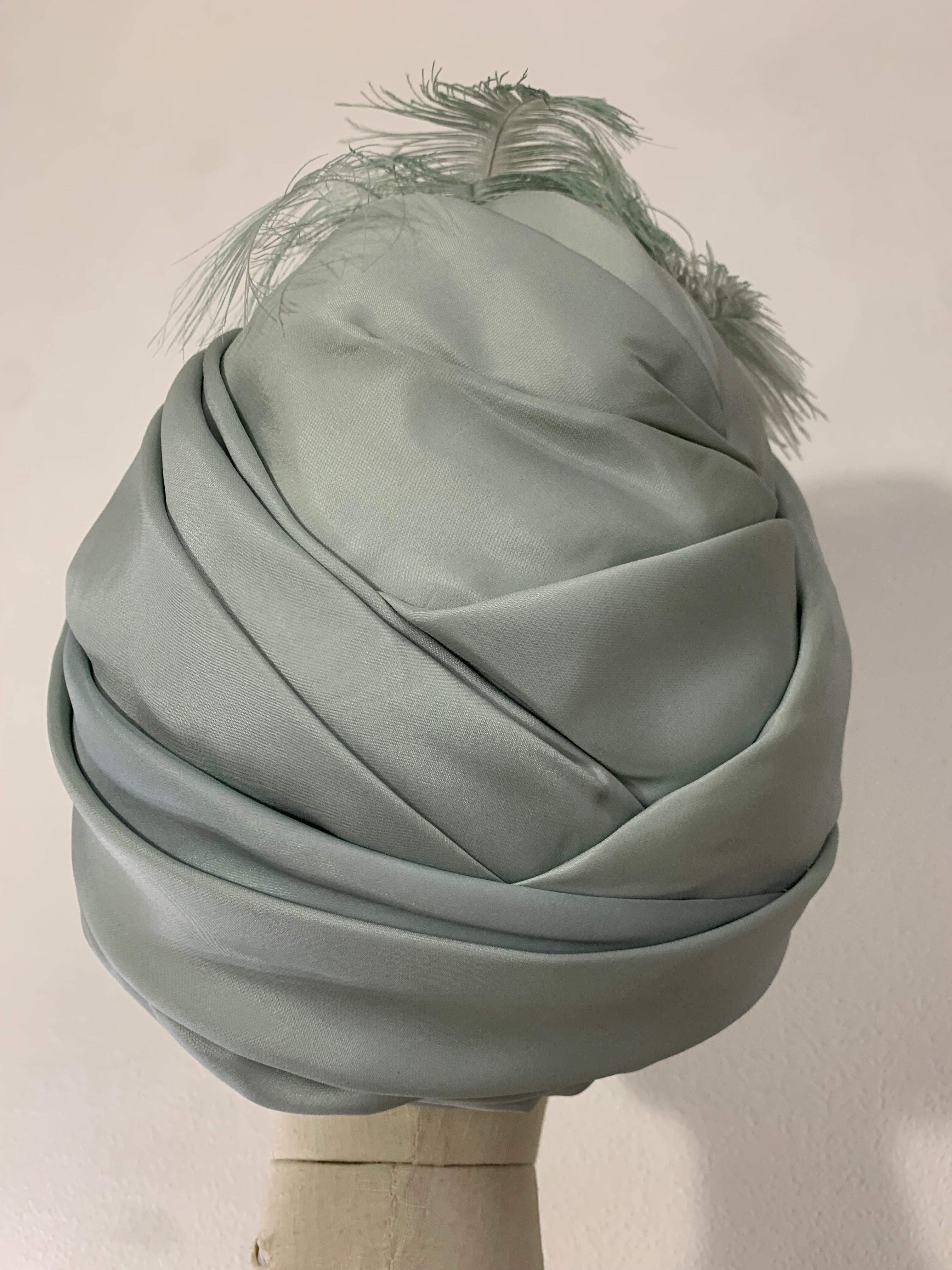 Couture Quality Mint Silk Organza Turban w Matching Ostrich Plume and Red Rose For Sale 1