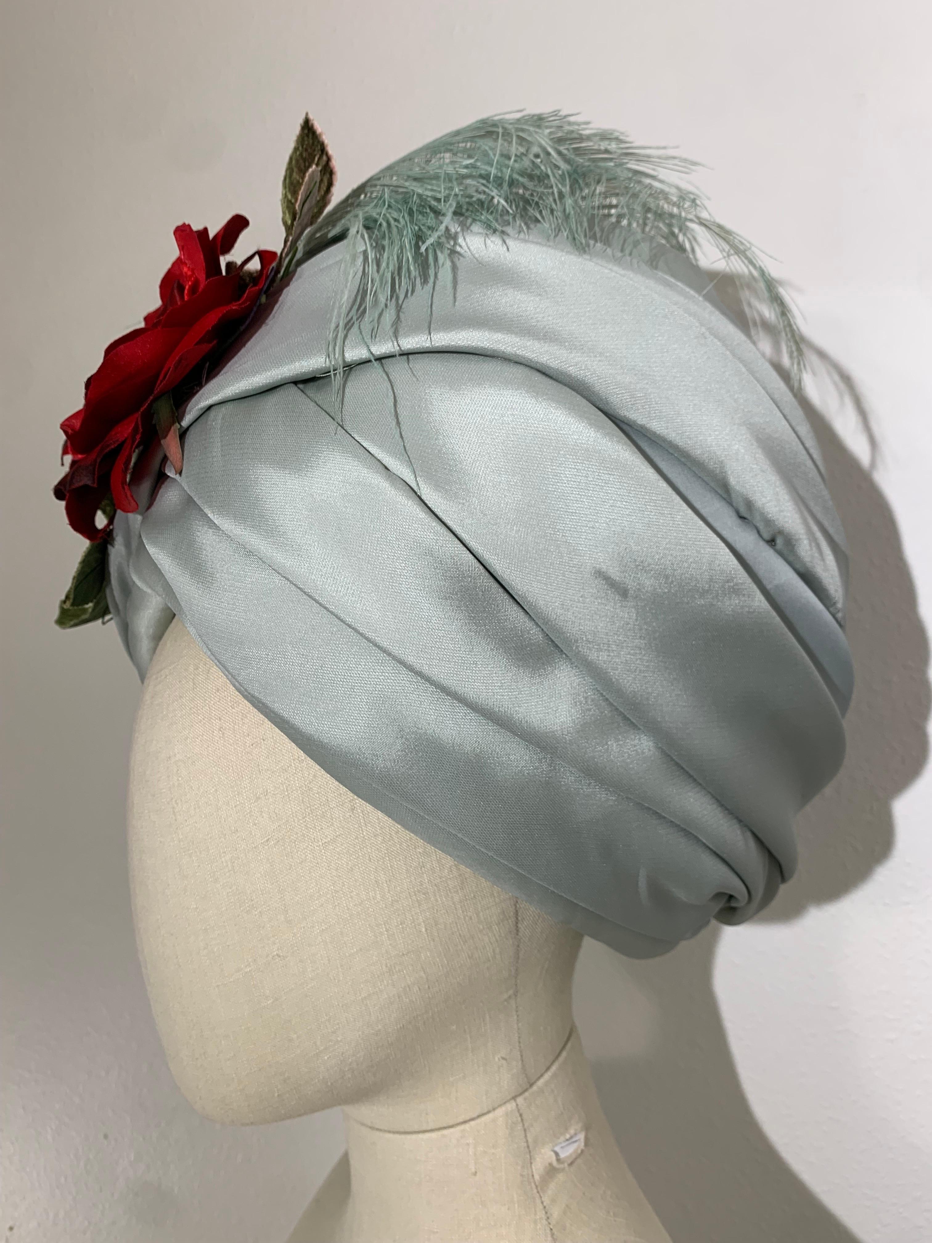 Couture Quality Mint Silk Organza Turban w Matching Ostrich Plume and Red Rose For Sale 2