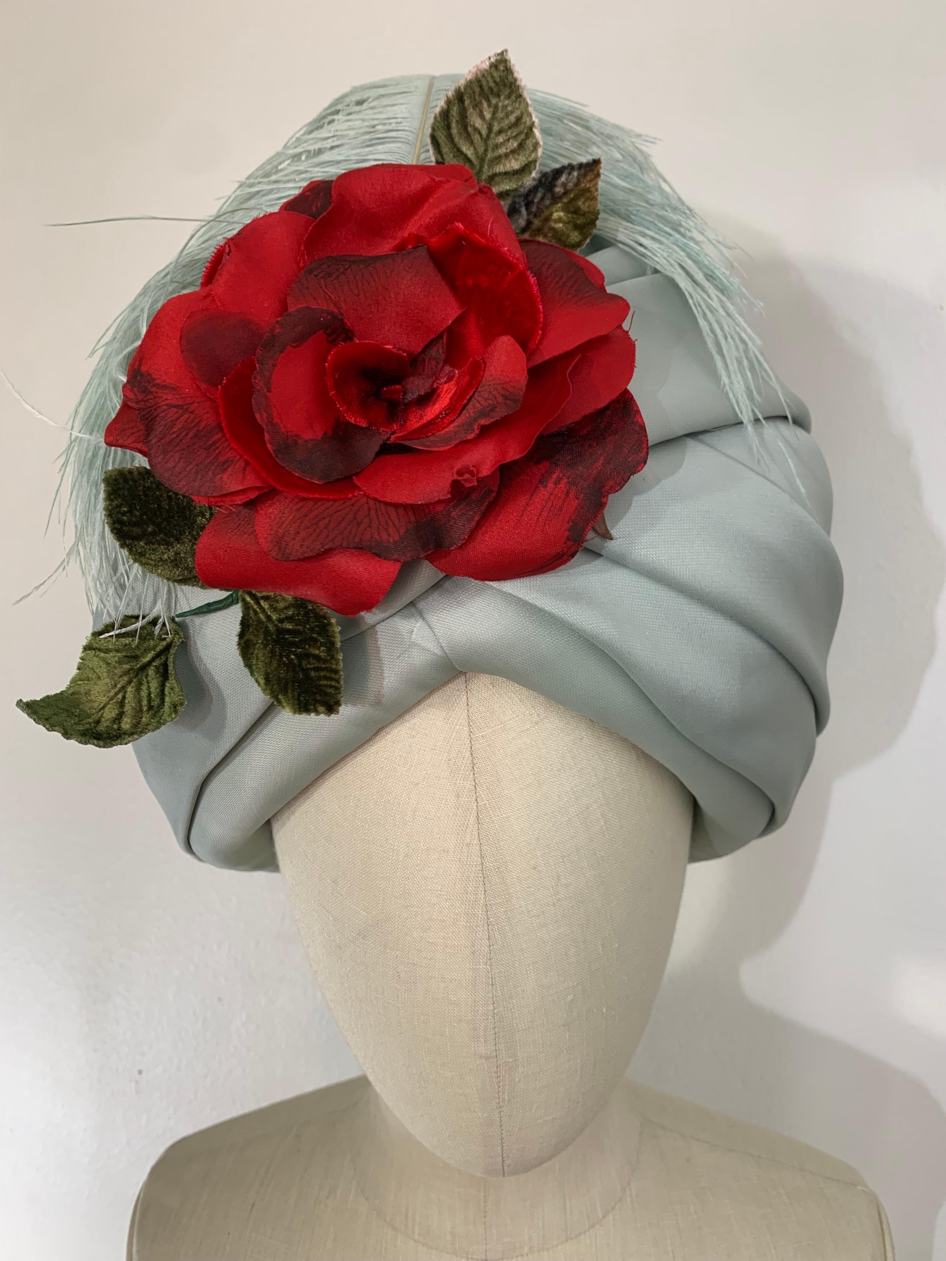 Couture Quality Mint Silk Organza Turban w Matching Ostrich Plume and Red Rose For Sale 3