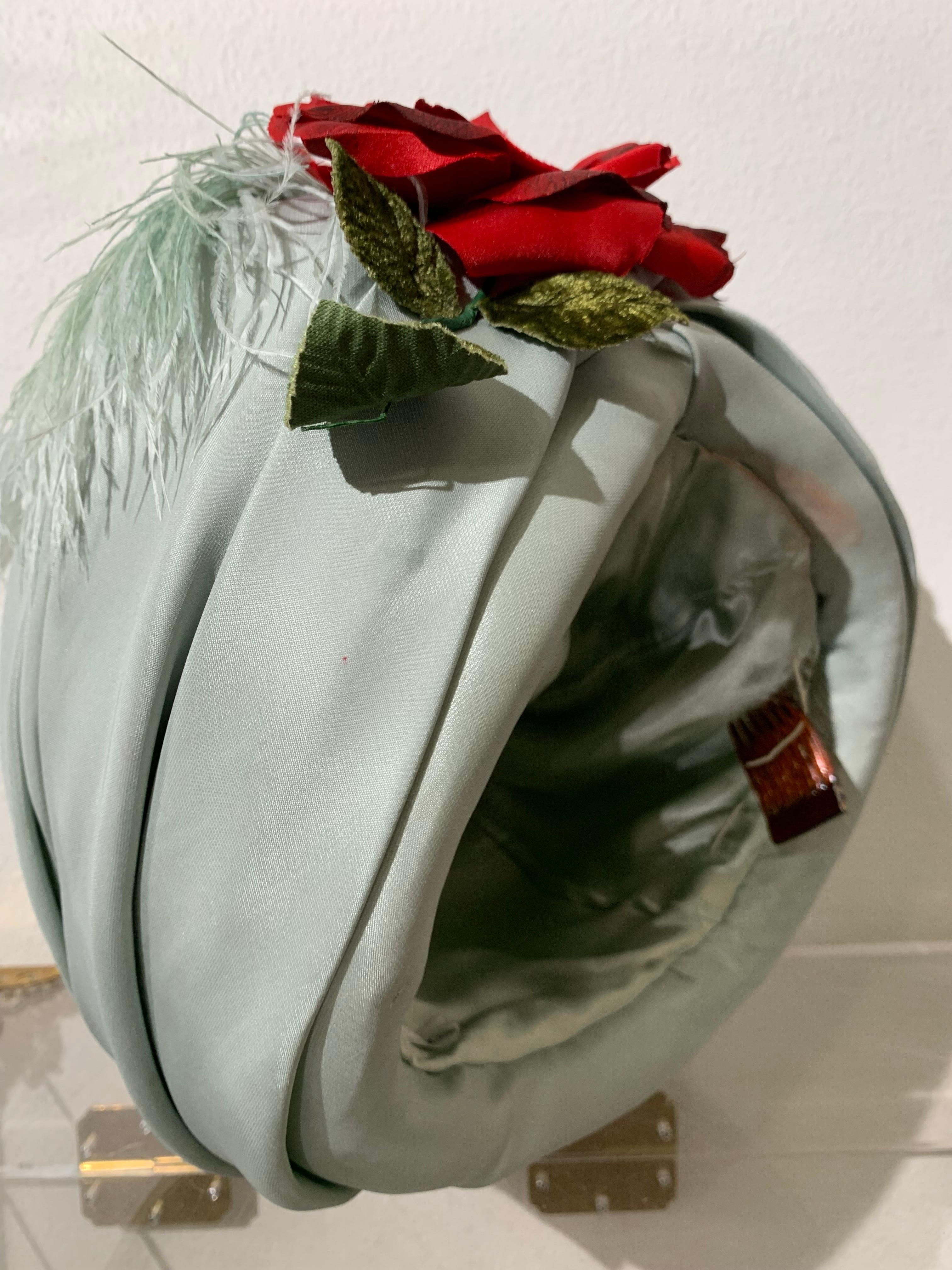 Couture Quality Mint Silk Organza Turban w Matching Ostrich Plume and Red Rose For Sale 4