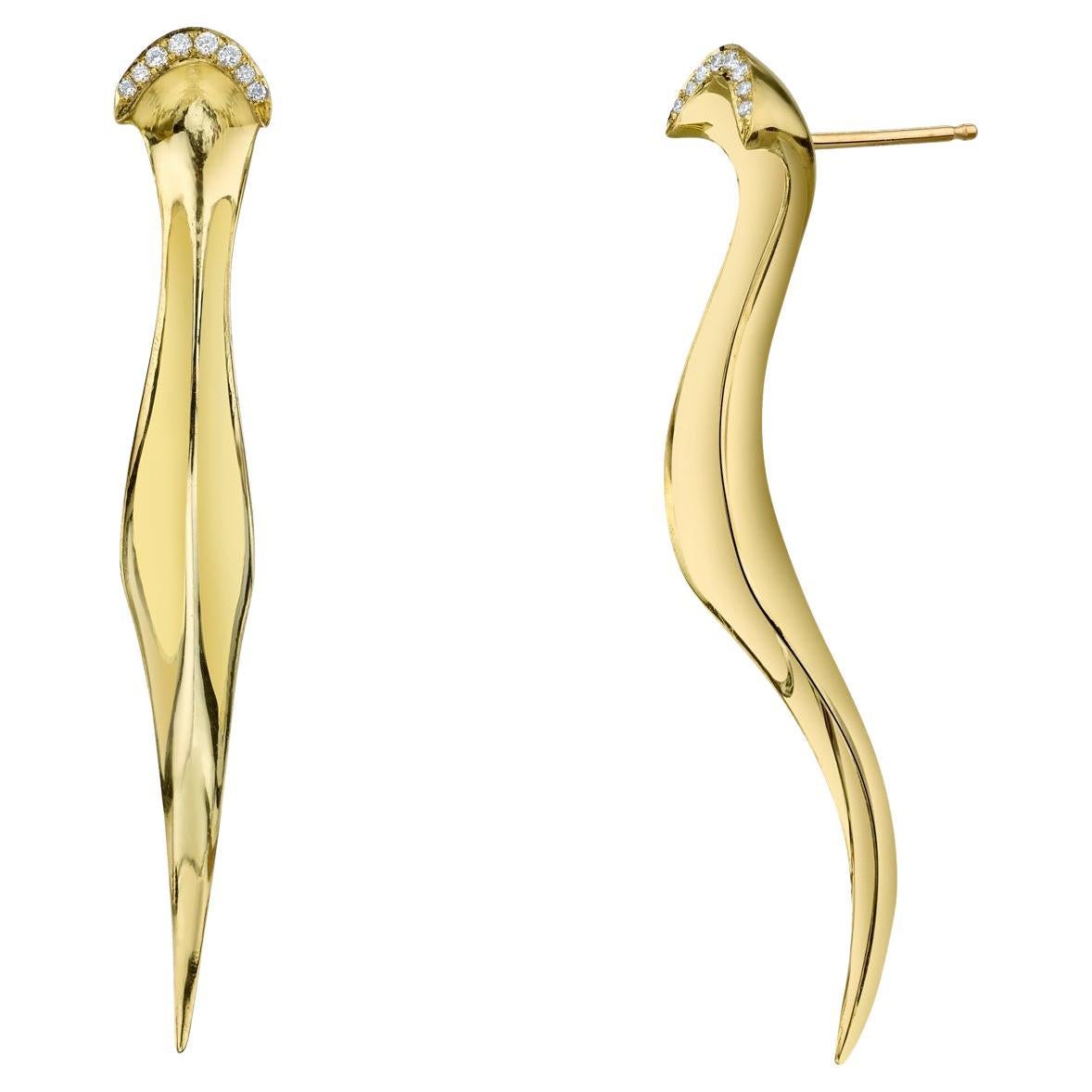 Women's or Men's Couture Sculptural Contemporary Earrings 18K Yellow Gold & 0.08ct Pavé Diamonds For Sale