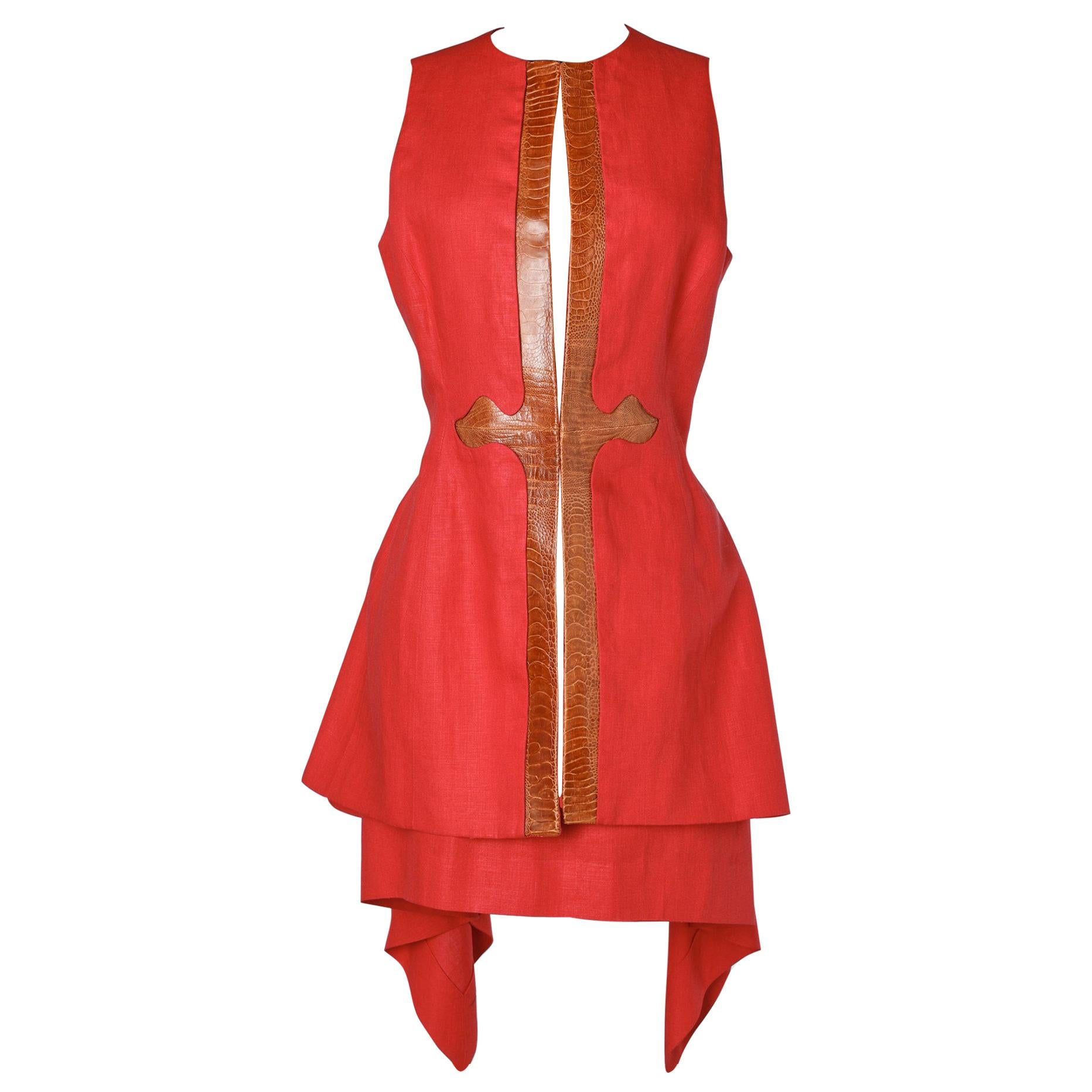 Couture Rock-Anzug aus rotem Leinen und braunem Krokodil Lecoanet-Saum