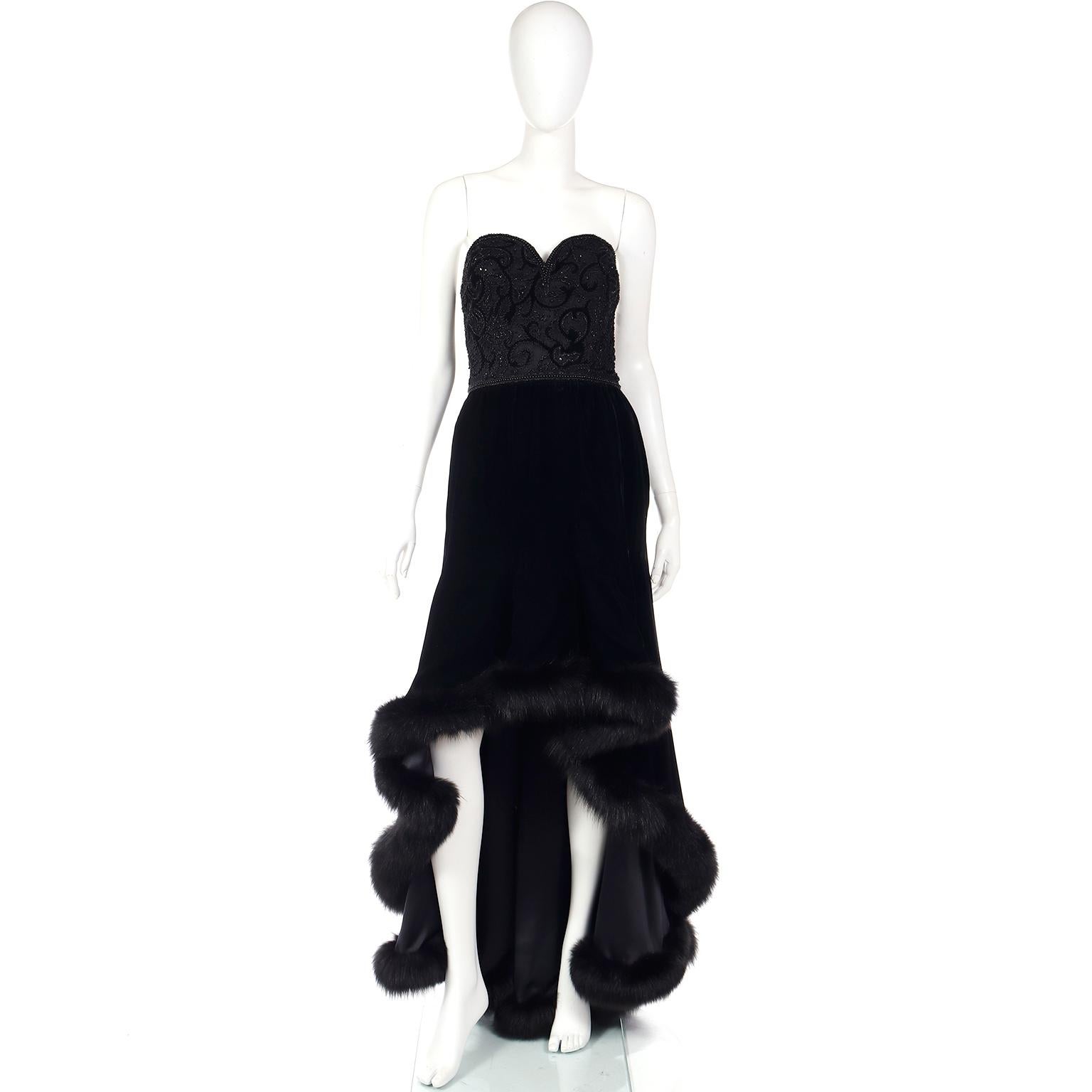 Couture Vintage Black Velvet Strapless Evening Gown With Fur Trim For Sale 6