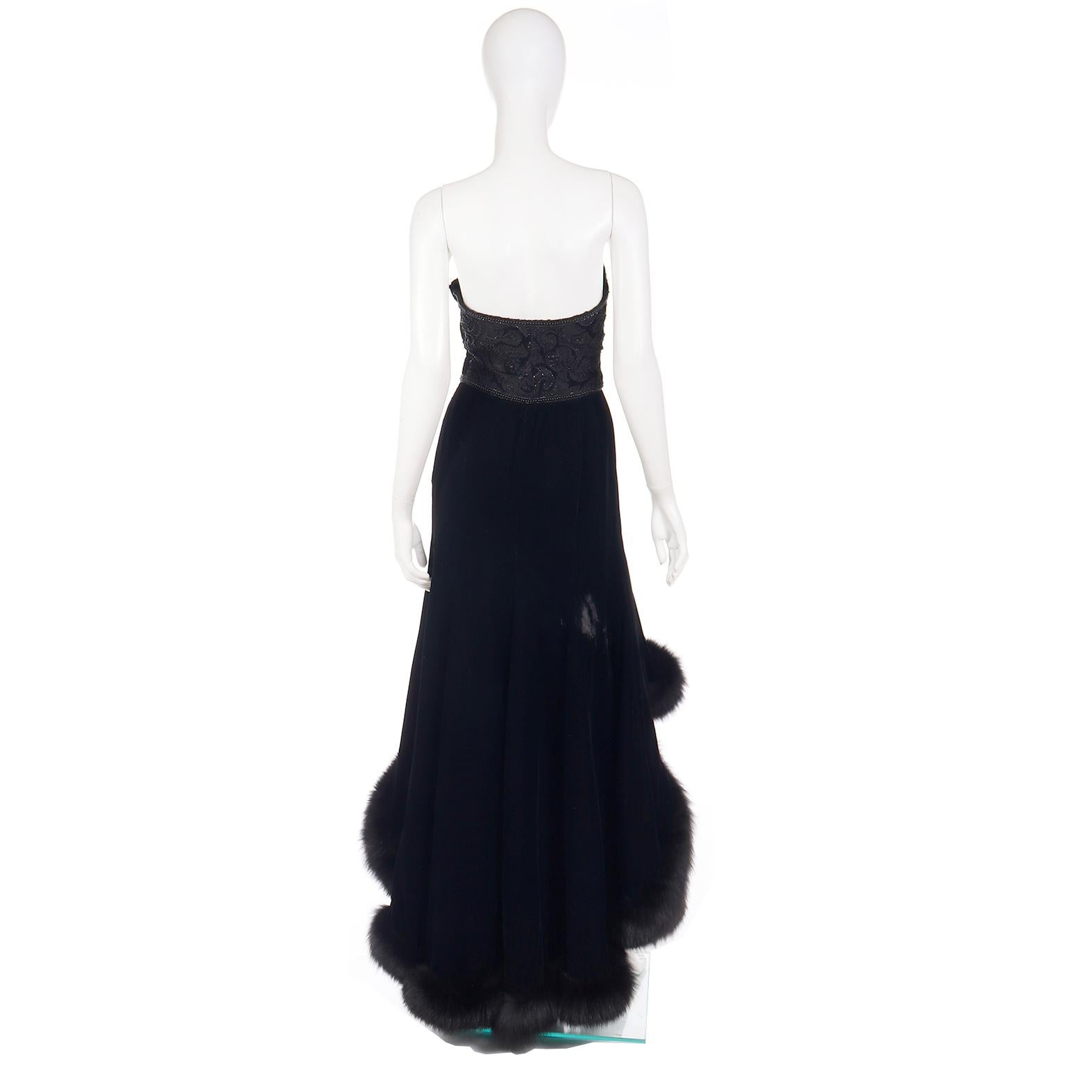 Women's Couture Vintage Black Velvet Strapless Evening Gown With Fur Trim For Sale