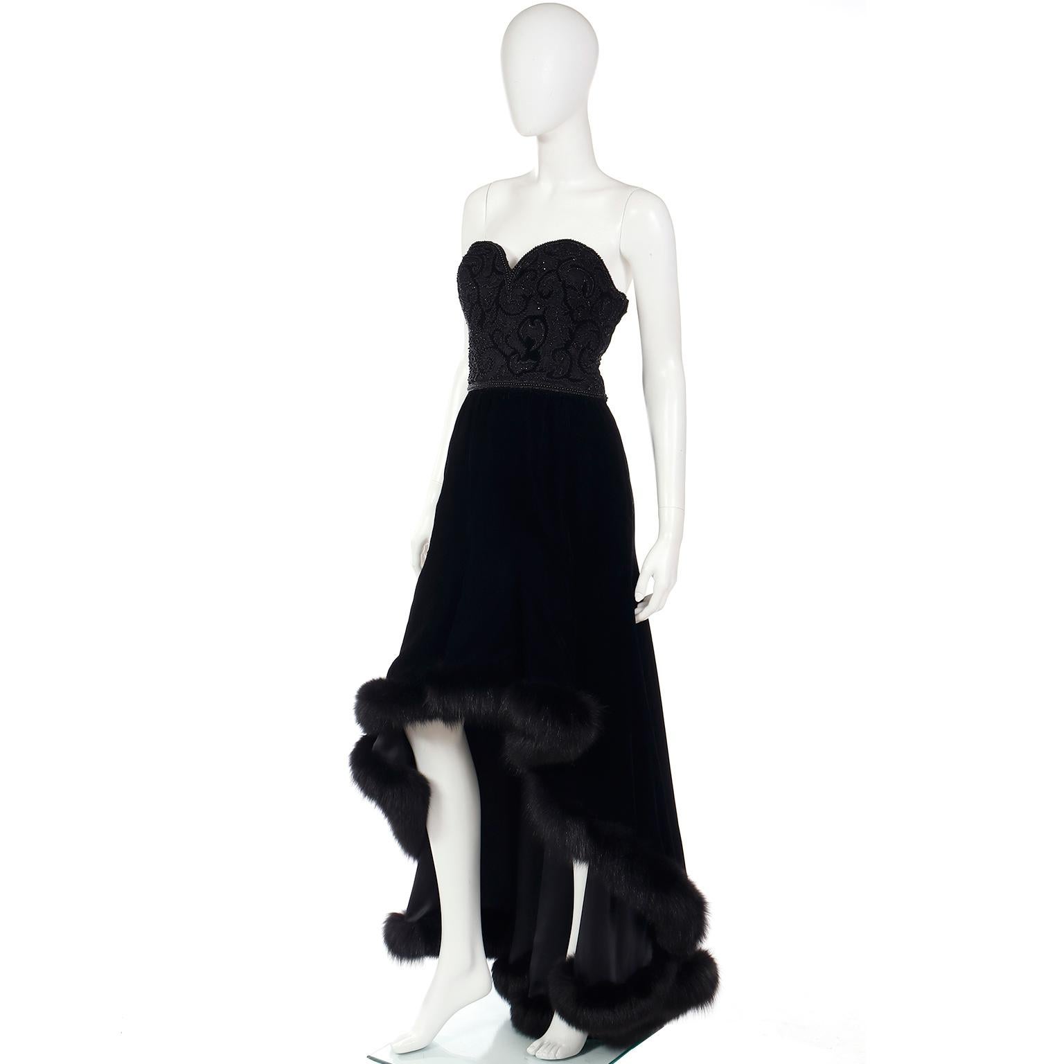 Couture Vintage Black Velvet Strapless Evening Gown With Fur Trim For Sale 1