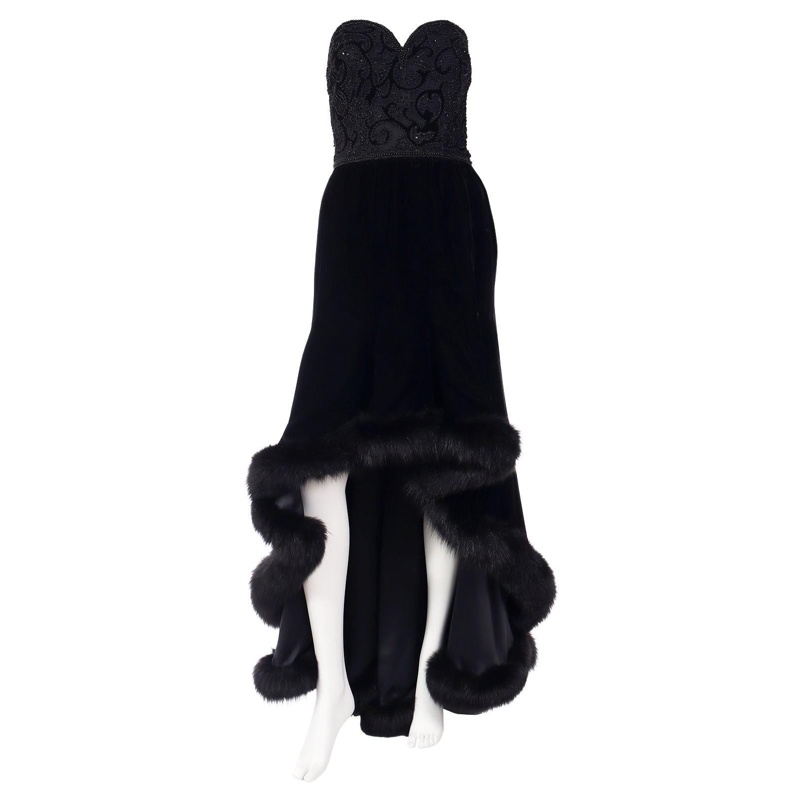 Couture Vintage Black Velvet Strapless Evening Gown With Fur Trim For Sale