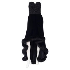 Couture Vintage Black Velvet Strapless Evening Gown With Fur Trim