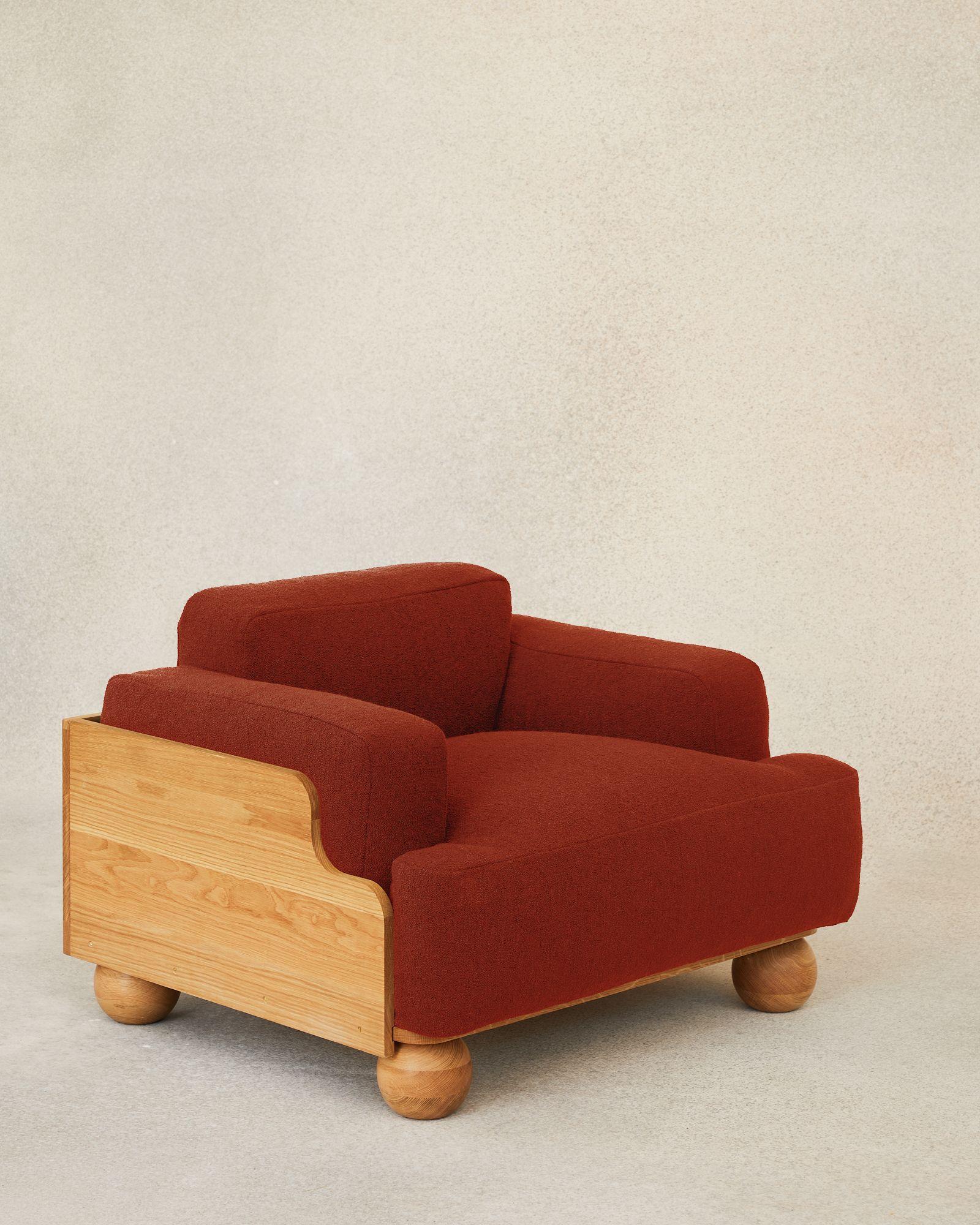Cove armchair by Fred Rigby Studio
Dimensions: L 93.8 x W 77 x H 65 cm
Materials: Solid Oak, Bouclé Weave Wool, Upholstered Cushion
Variations of colours available.

Fred Rigby Studio is a London-based furniture and interior design practice