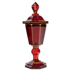 Antique Covered Bowl in Red and Gold Bohemian Crystal, 19th Century.