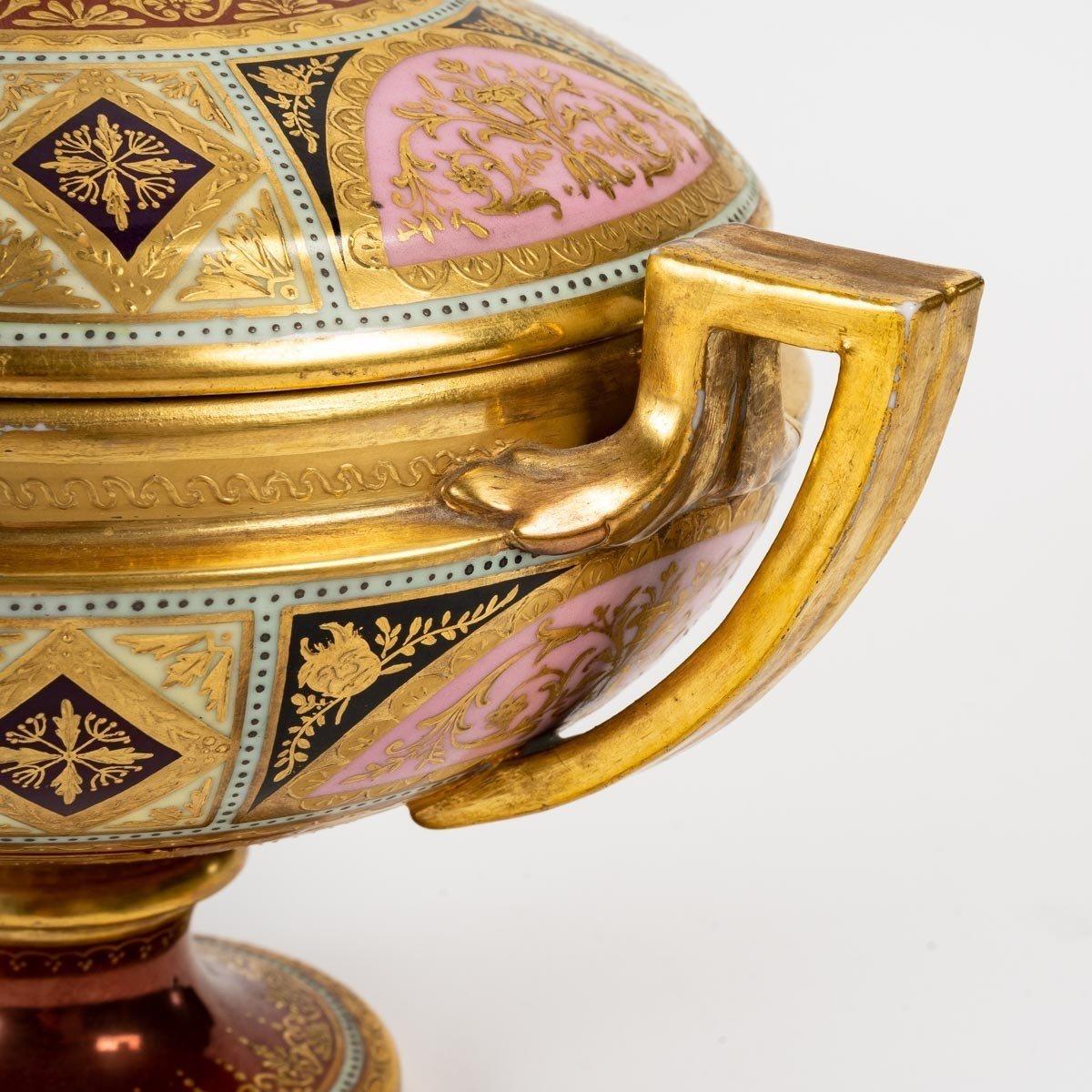 French Covered Bowl, Rich Enameled Decoration, 19th Century For Sale