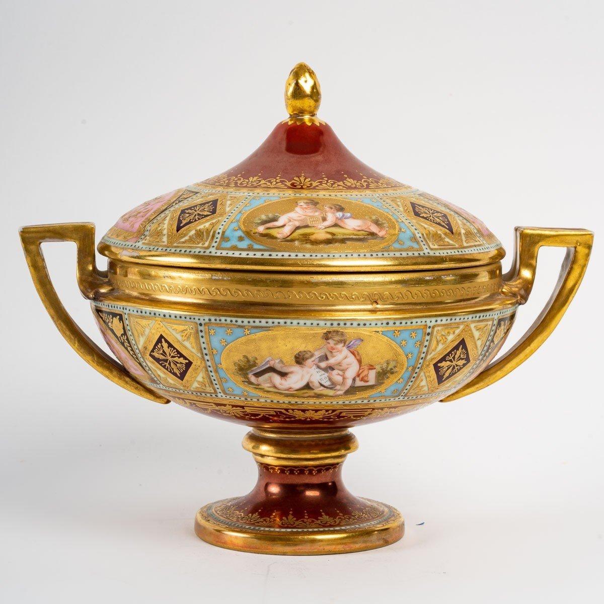 Porcelain Covered Bowl, Rich Enameled Decoration, 19th Century For Sale
