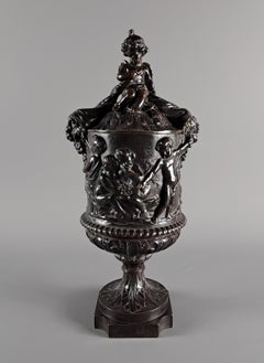 Covered Bronze Vase With Brown Patina Decorated With Bacchanalia And Putti After