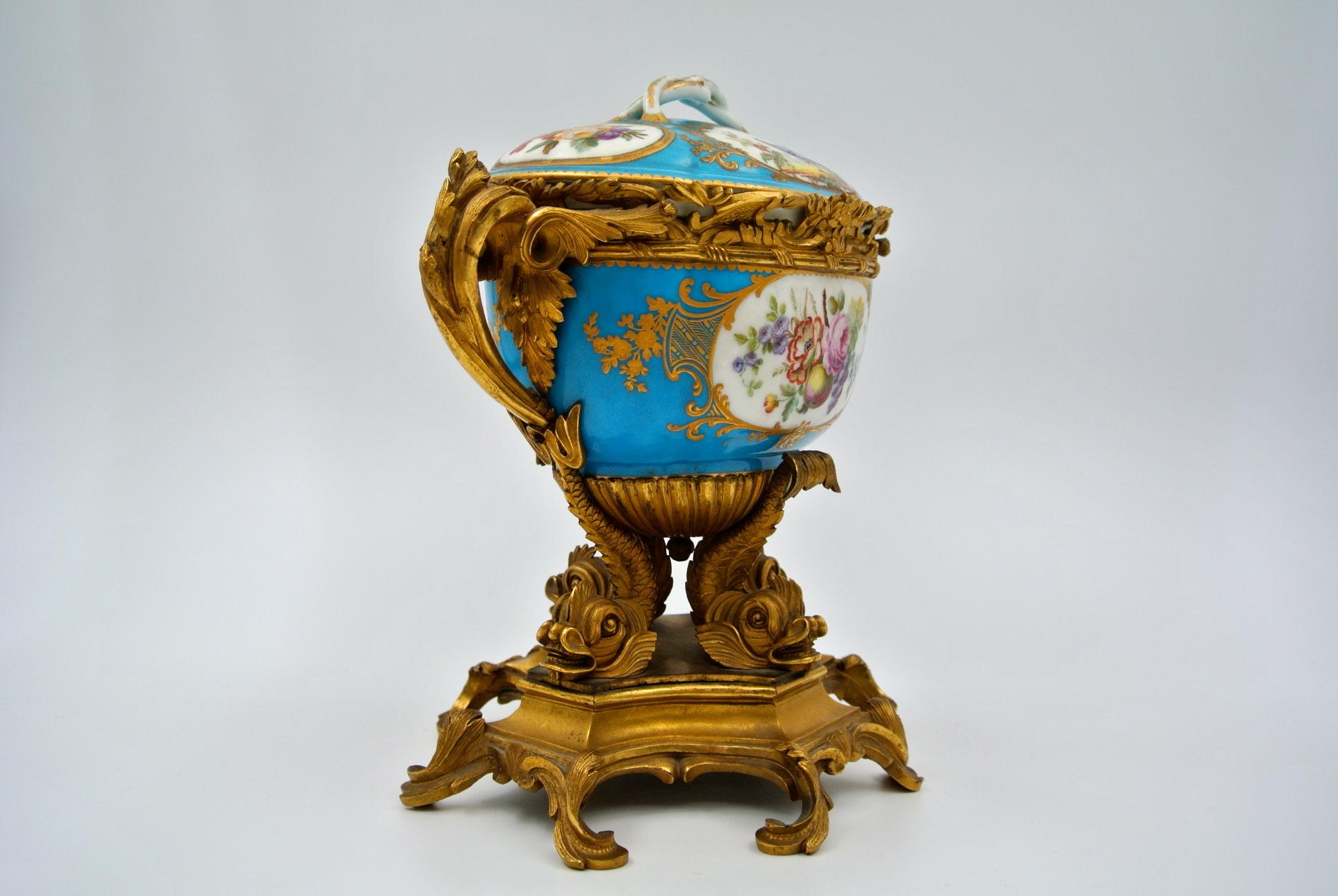 French Covered Cup in Chiselled and Gilded Bronze and Painted Sèvres Porcelain