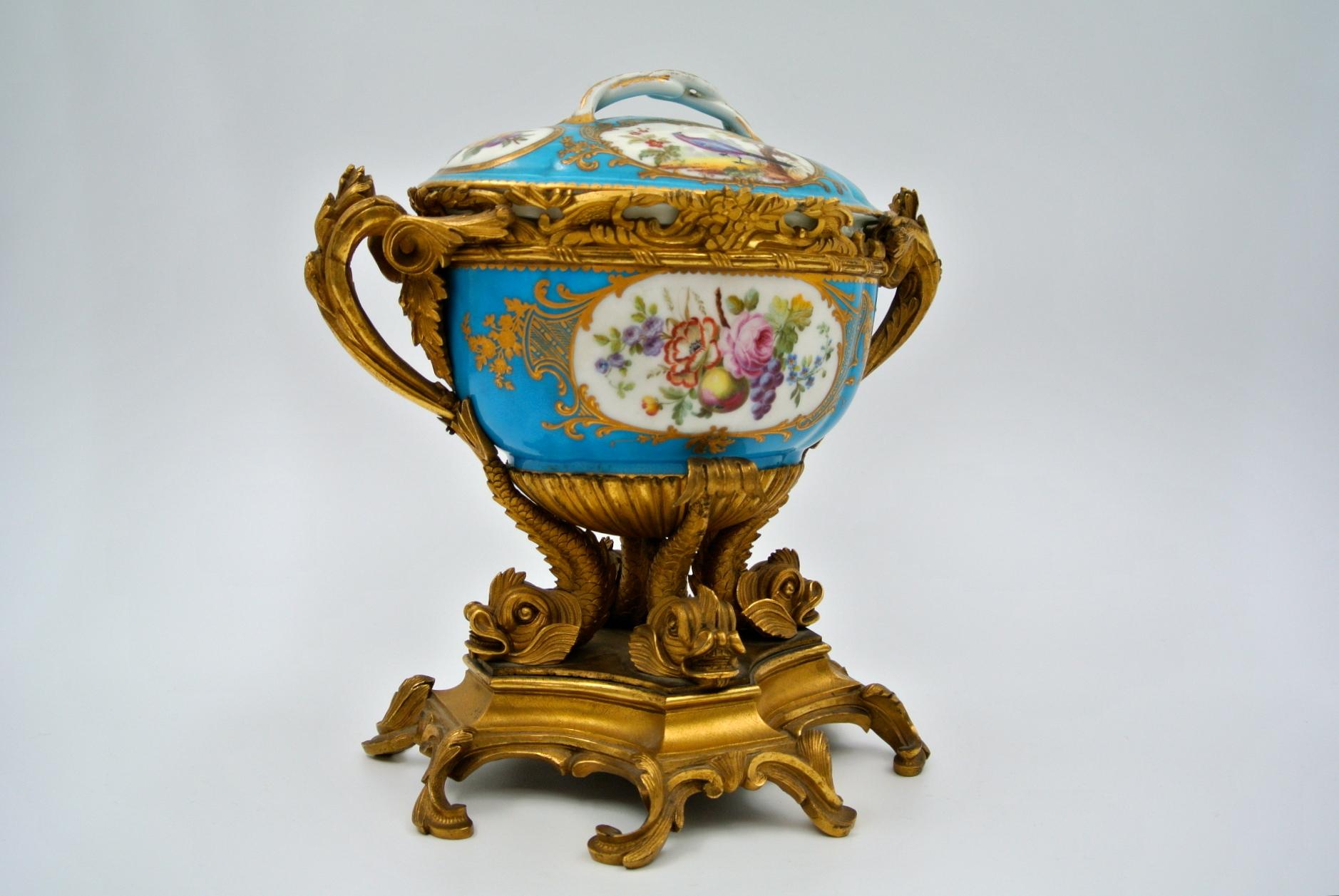 Gilt Covered Cup in Chiselled and Gilded Bronze and Painted Sèvres Porcelain